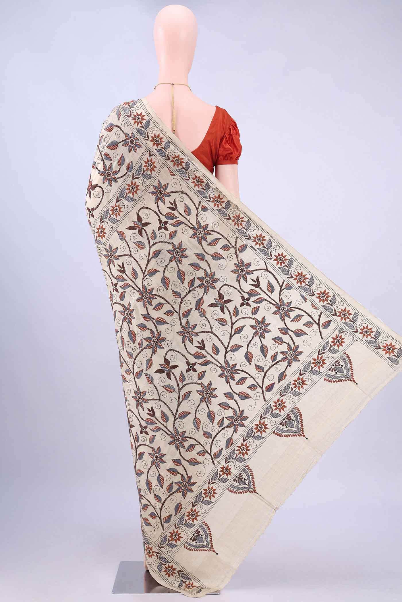 Beige Kantha Silk Saree