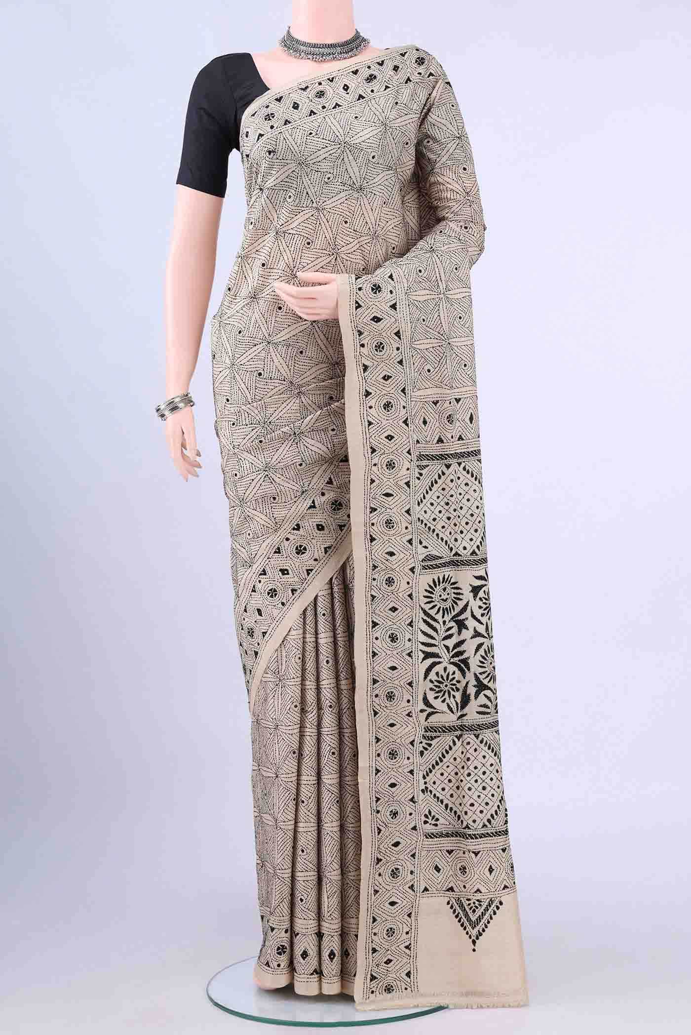 Beige Kantha Silk Saree
