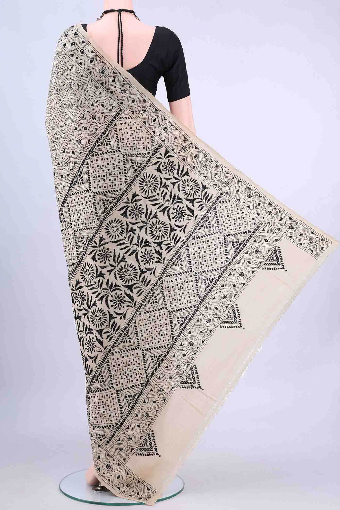 Beige Kantha Silk Saree