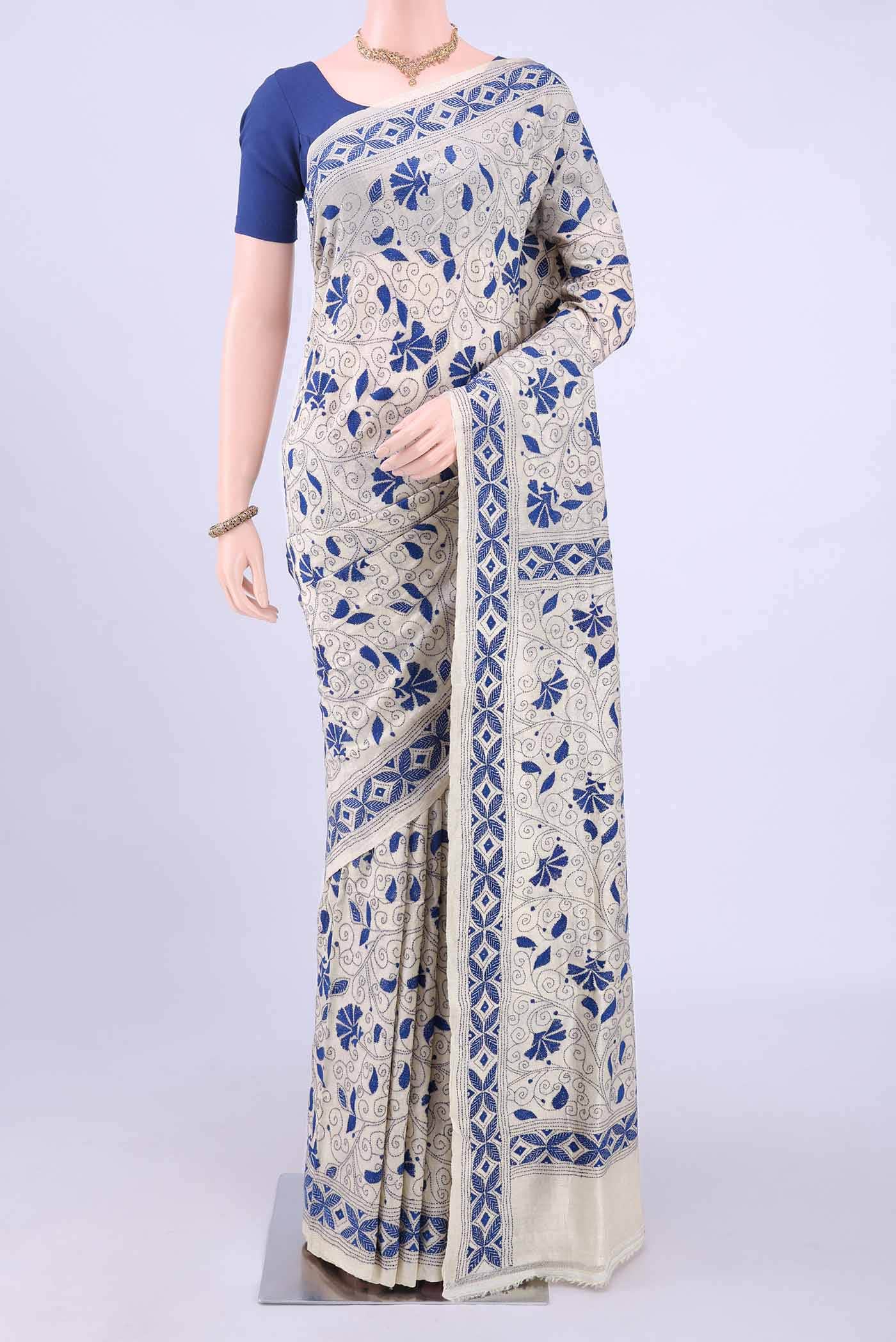 Beige Kantha Silk Saree