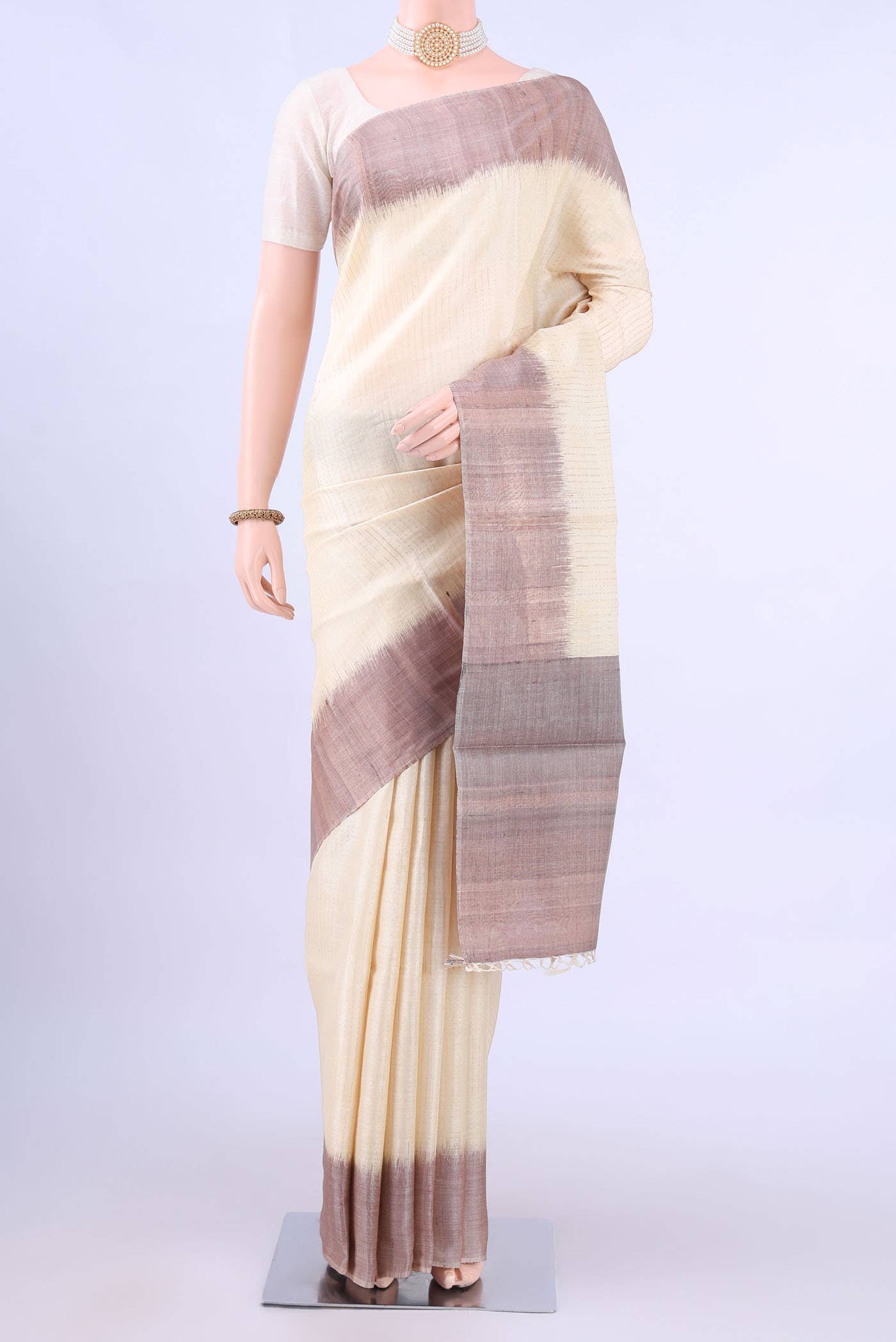 Cream MP Tussar Saree