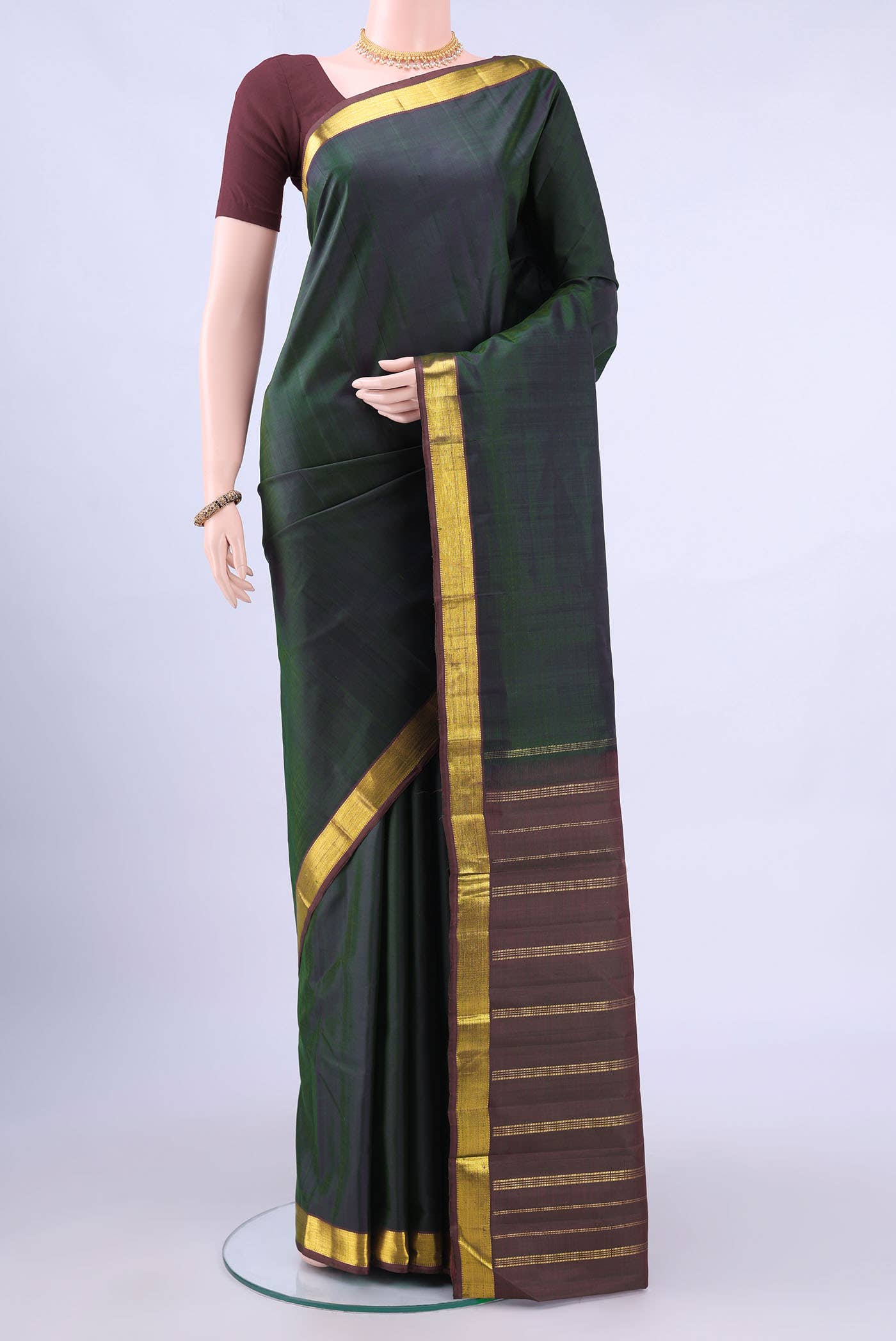 Bottle Green Dual Tone Kanchipuram Silk Saree