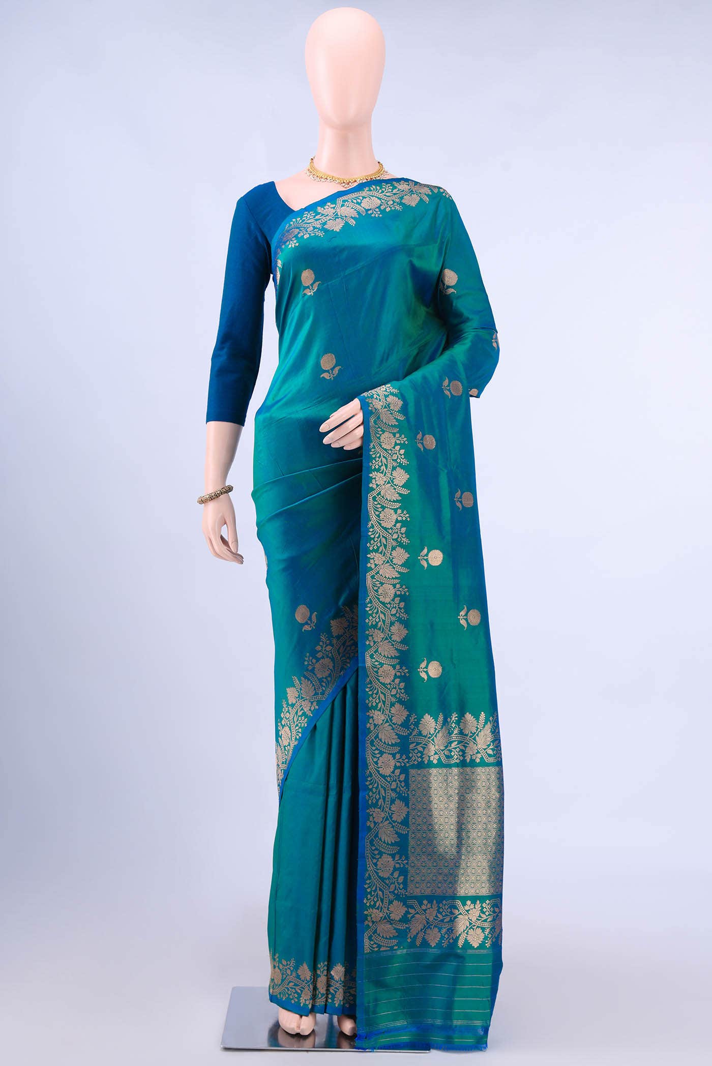 Peacock Blue Dual Tone Banarasi Katan Silk Saree