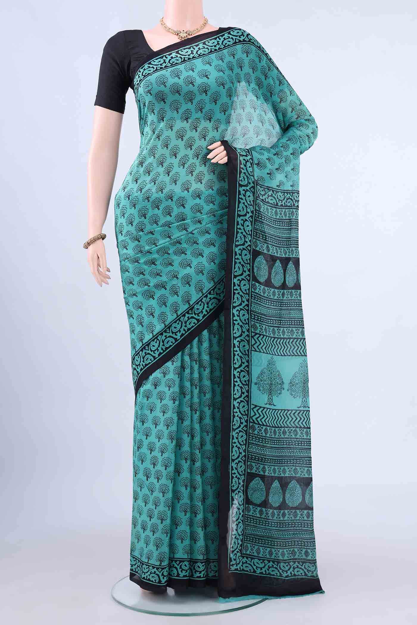Bottle Green Dual Tone Printed Cotton Saree