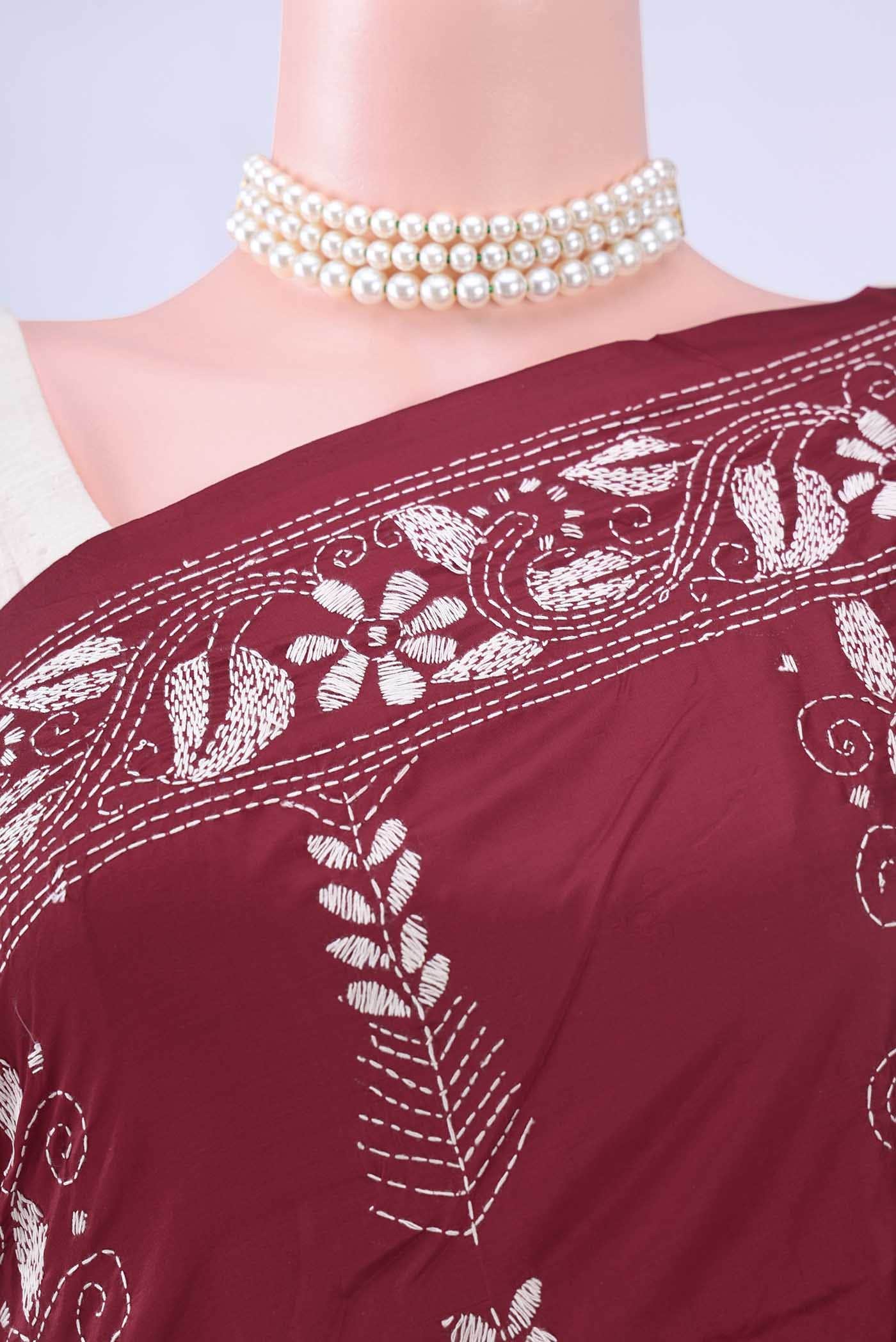 Maroon Kantha Silk Saree