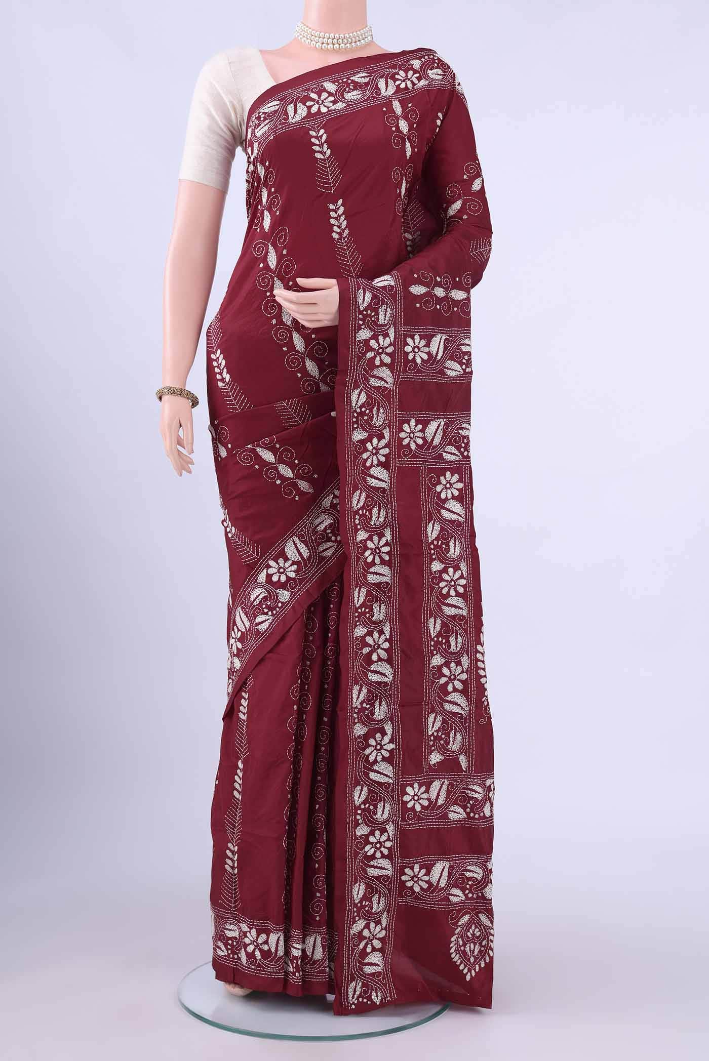 Maroon Kantha Silk Saree