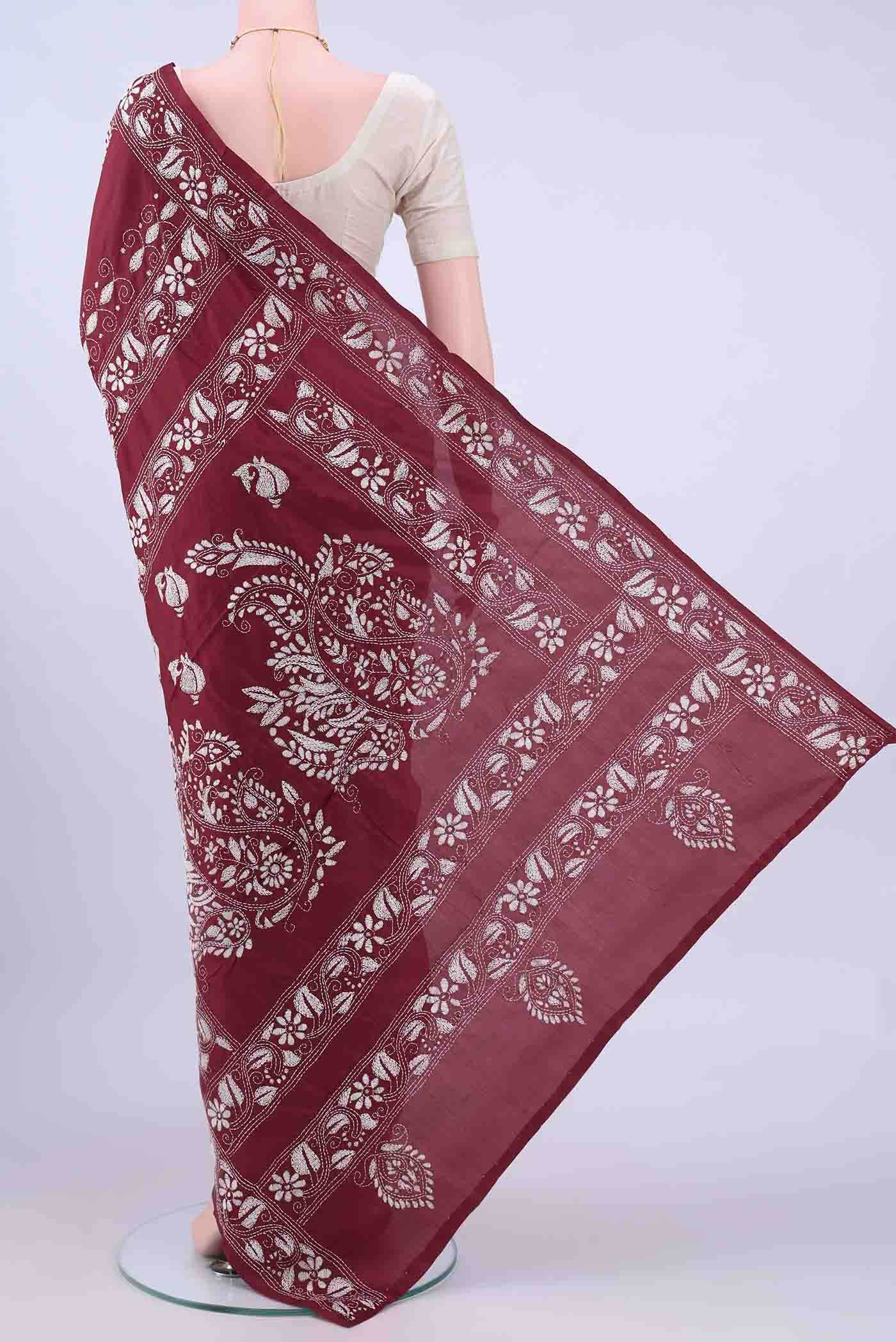 Maroon Kantha Silk Saree