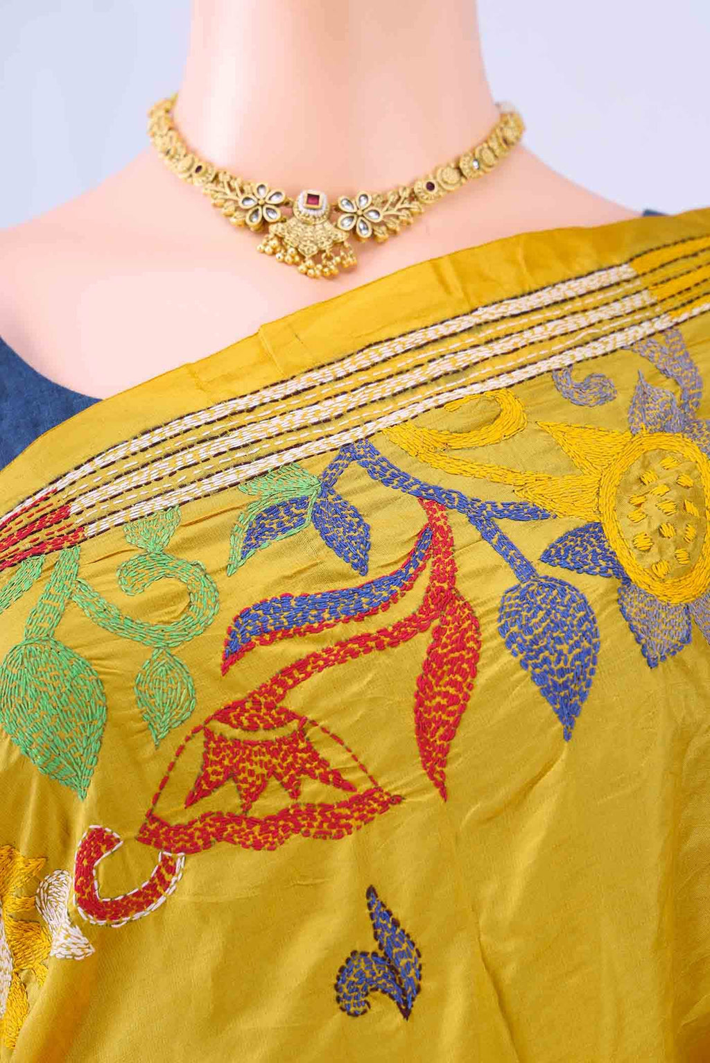 Yellow Kantha Silk Saree