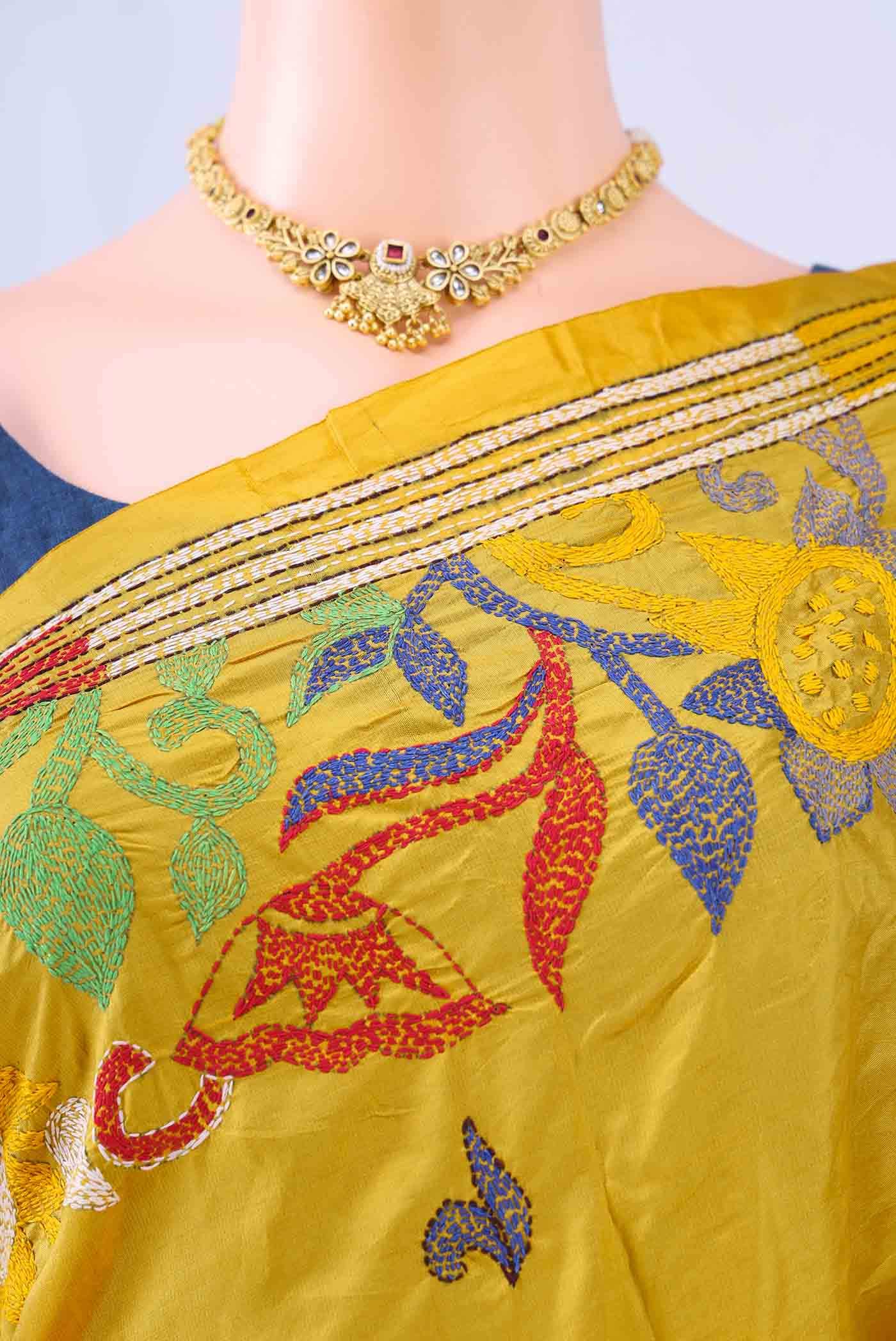 Yellow Kantha Silk Saree
