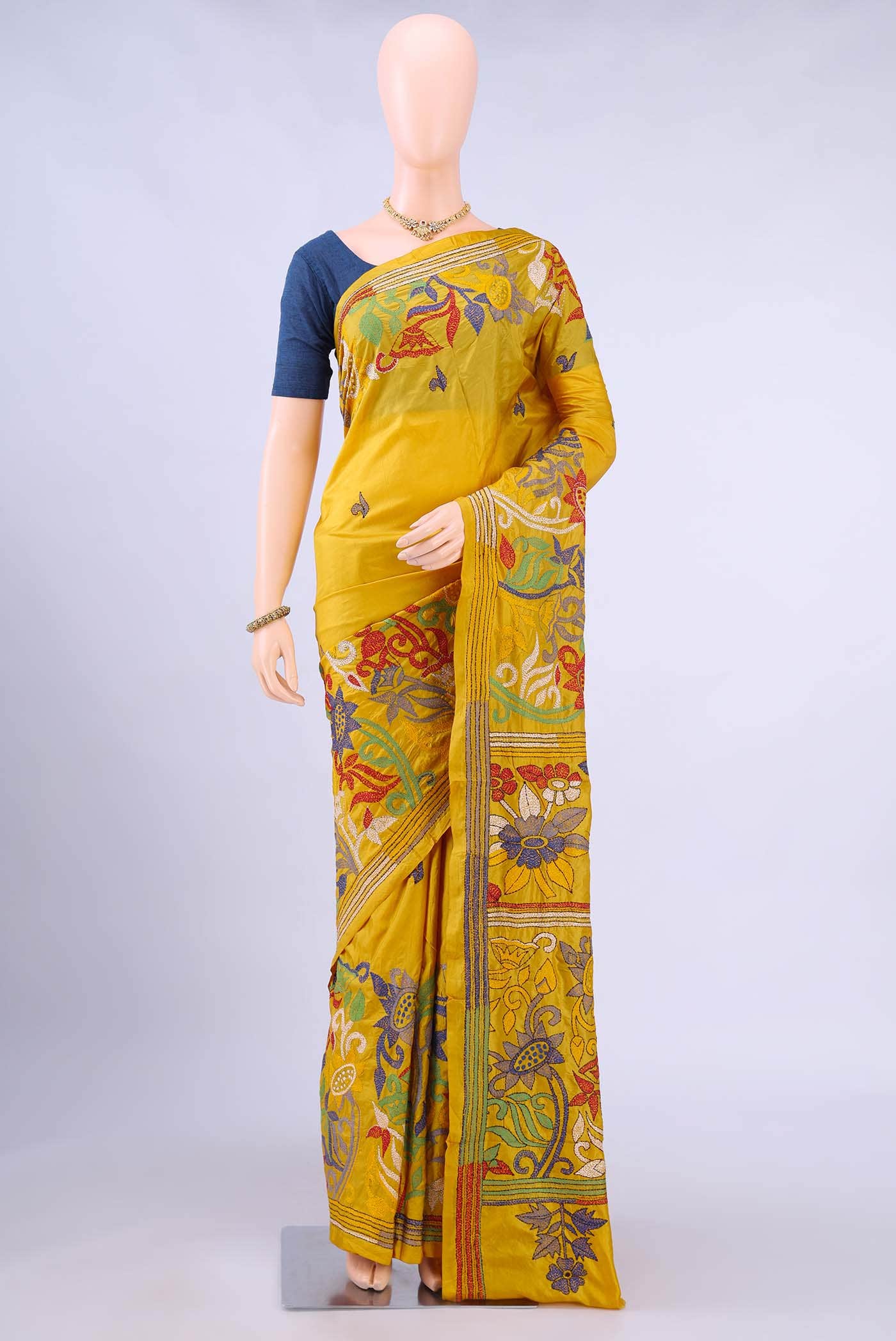 Yellow Kantha Silk Saree