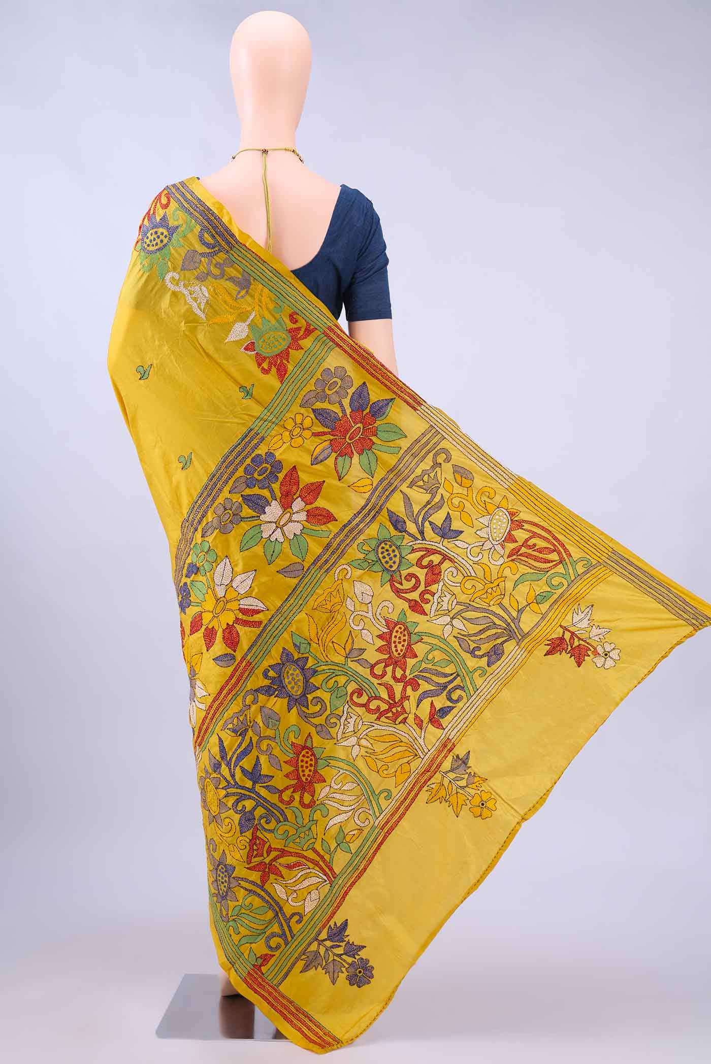 Yellow Kantha Silk Saree