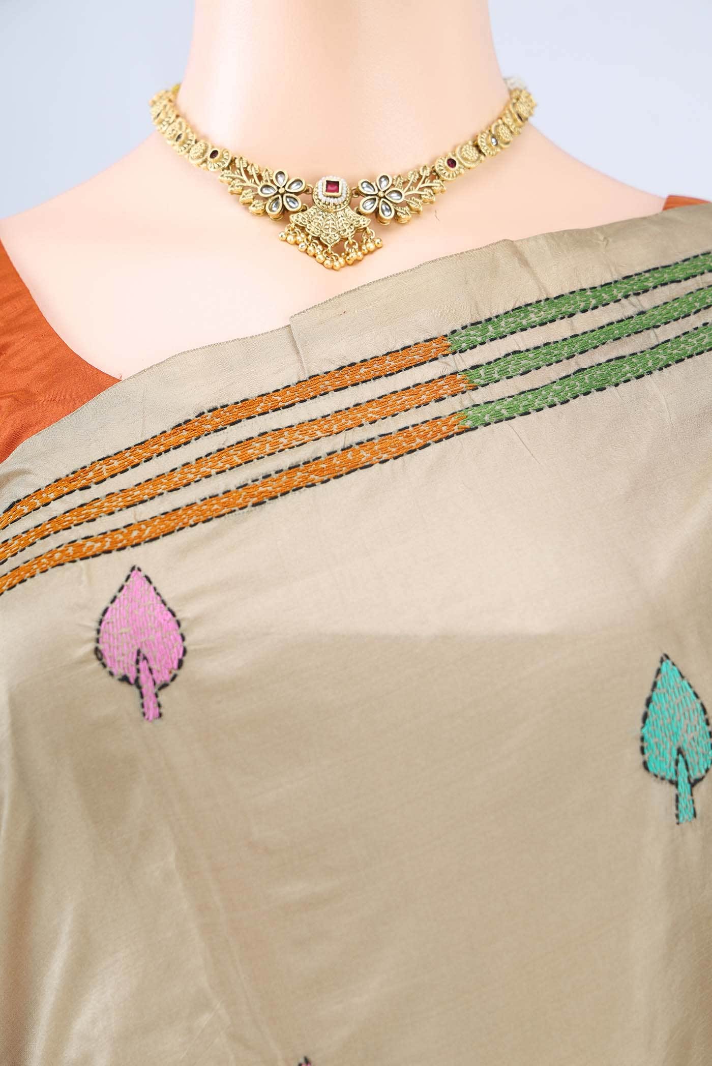 Beige Kantha Silk Saree