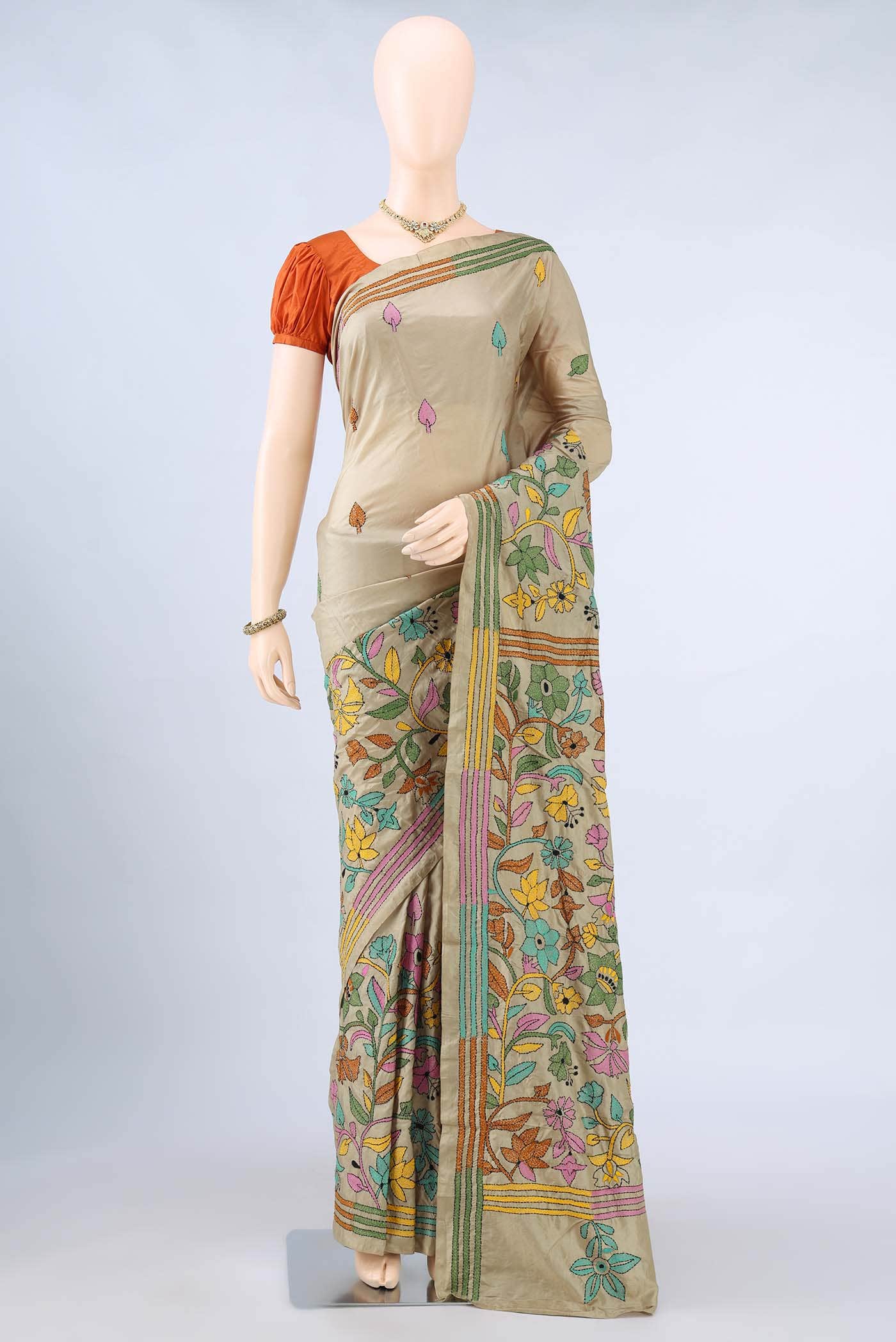 Beige Kantha Silk Saree