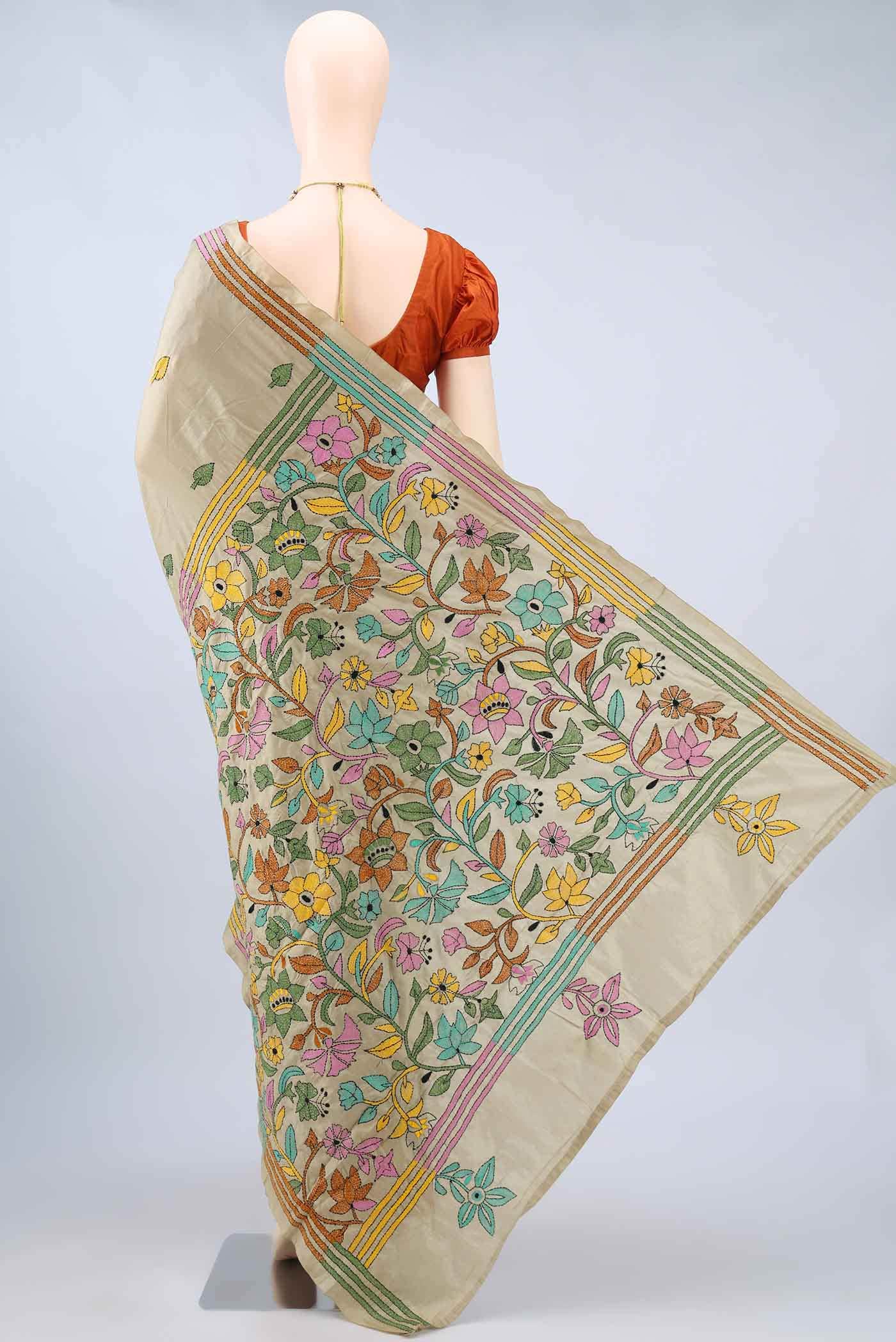 Beige Kantha Silk Saree