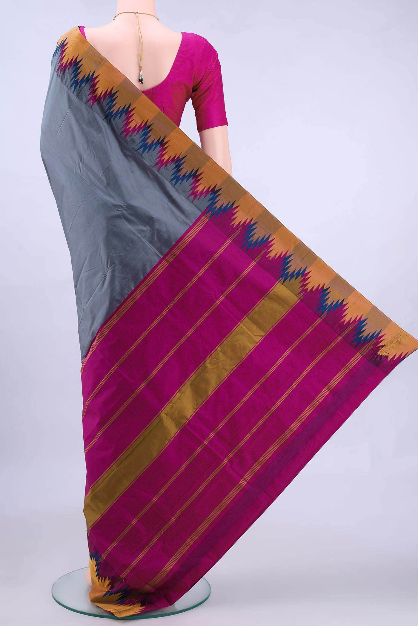 Blue Grey Dual Tone Blended Bangalore Silk Saree