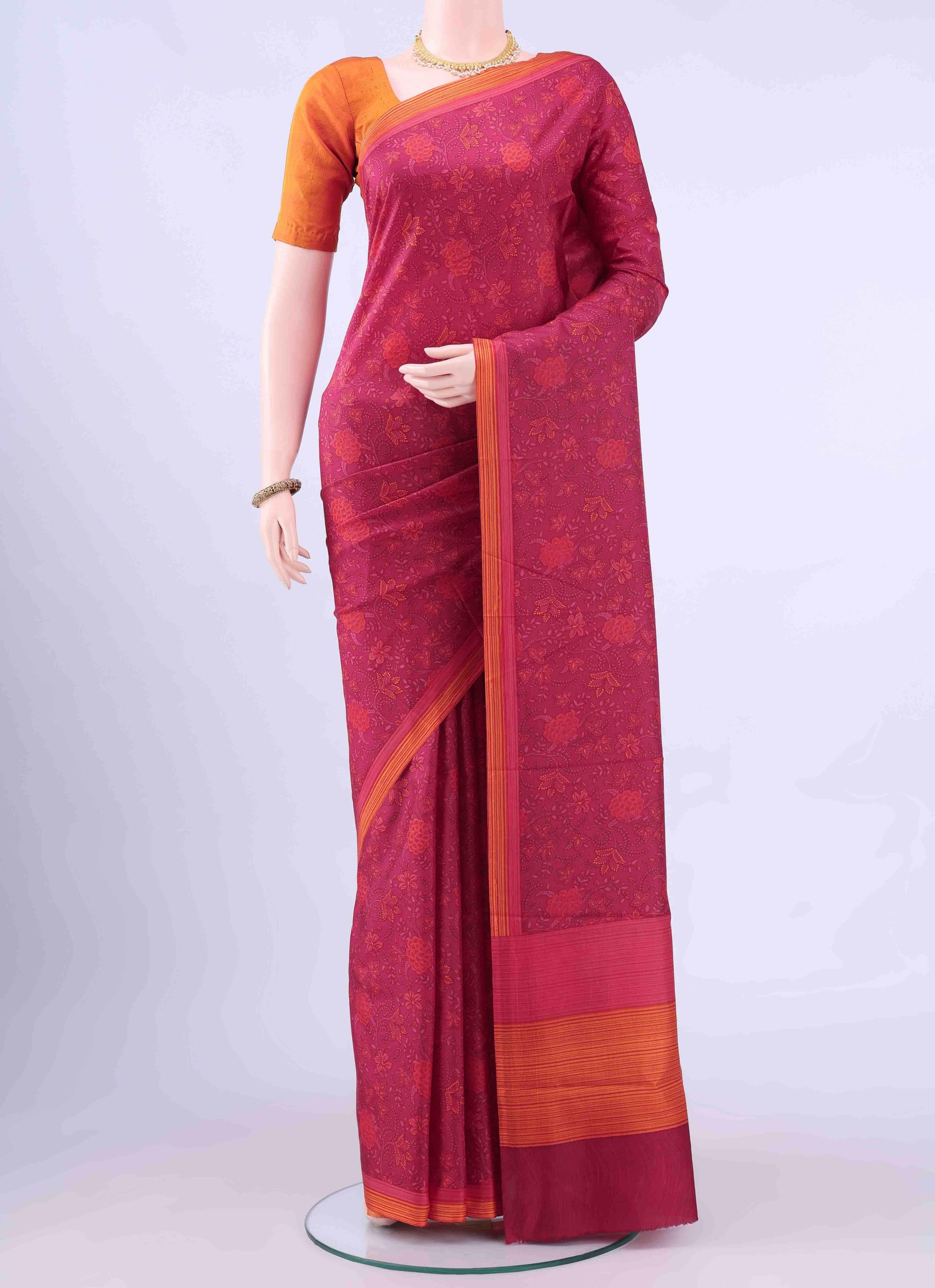 Dark Pink Printed Silk Saree