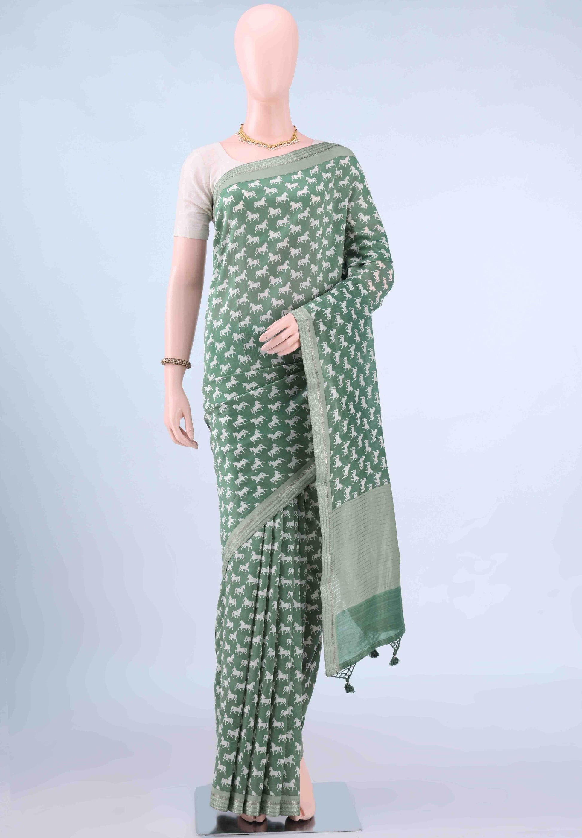 Olive Green Bengal Cotton - Tangail Saree