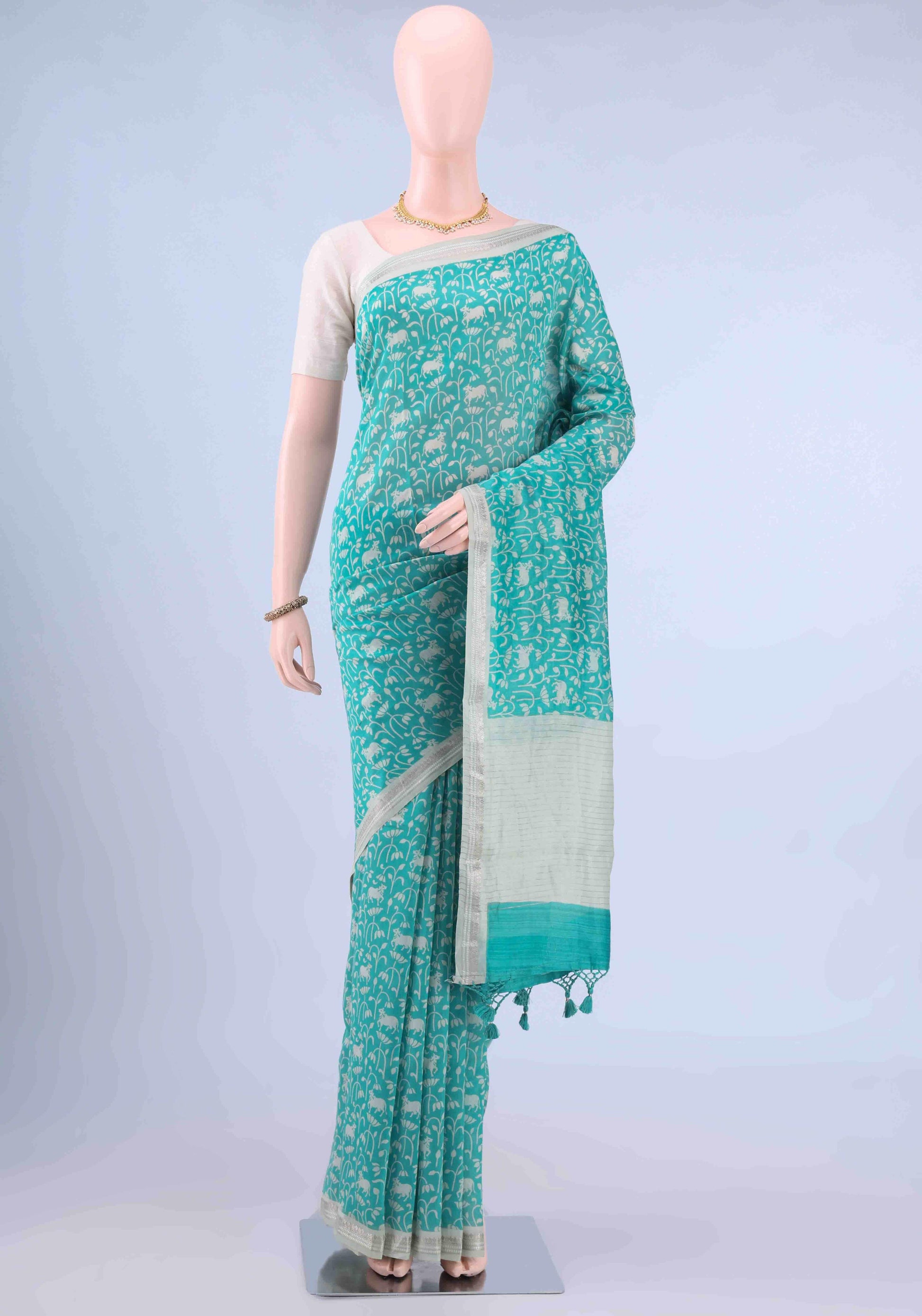 Sky Blue Bengal Cotton - Tangail Saree