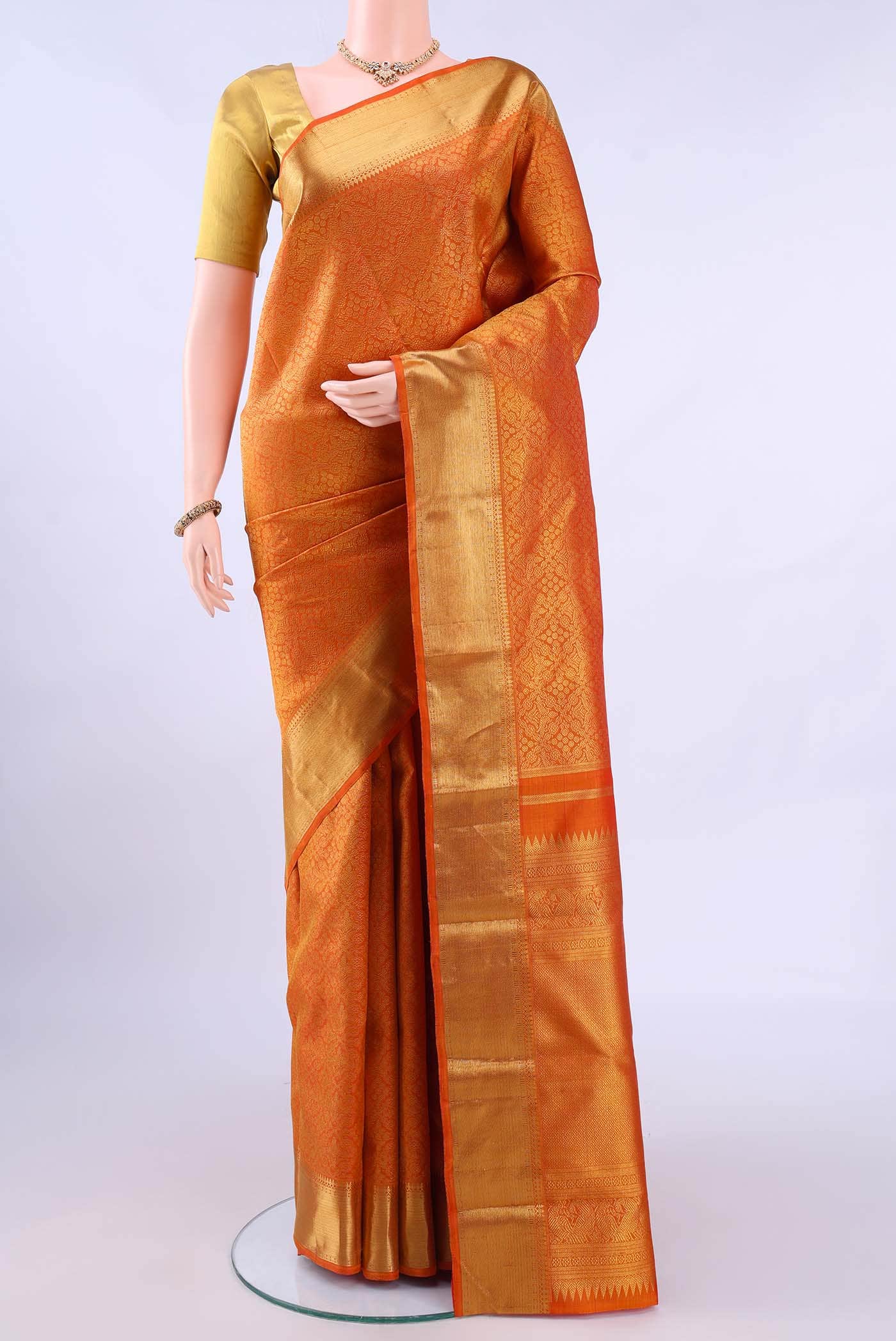 Pure Silk Pure Zari Orange Kanchipuram Saree