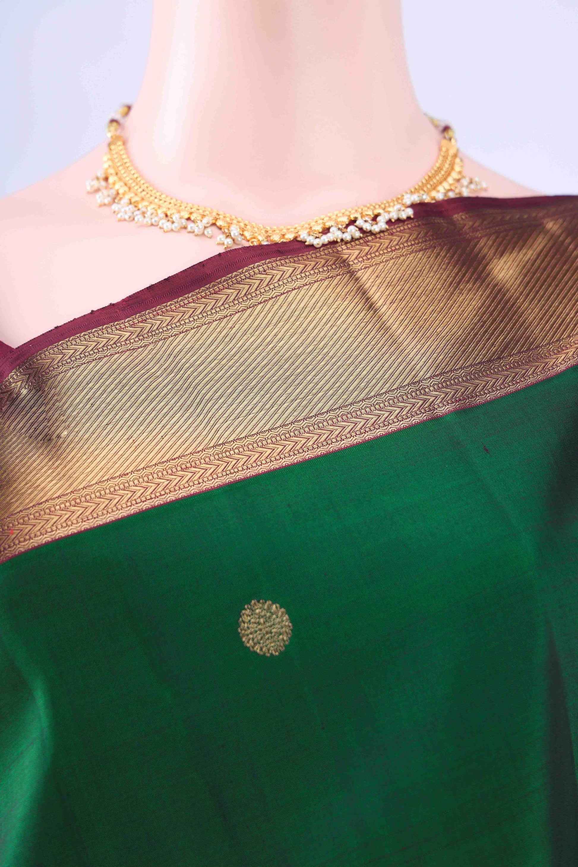 Pure Silk Pure Zari Bottle Green Kanchipuram Saree