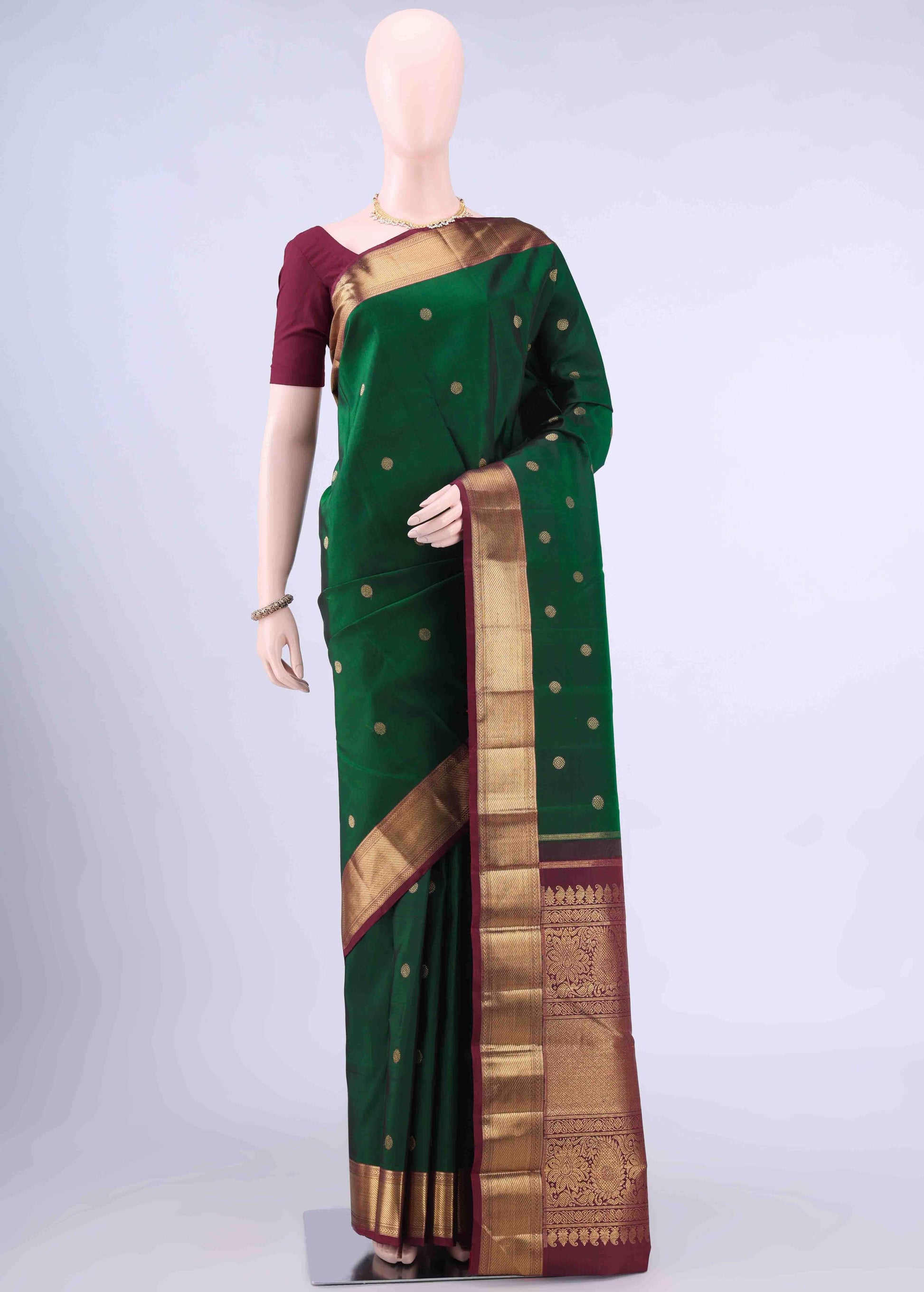 Pure Silk Pure Zari Bottle Green Kanchipuram Saree