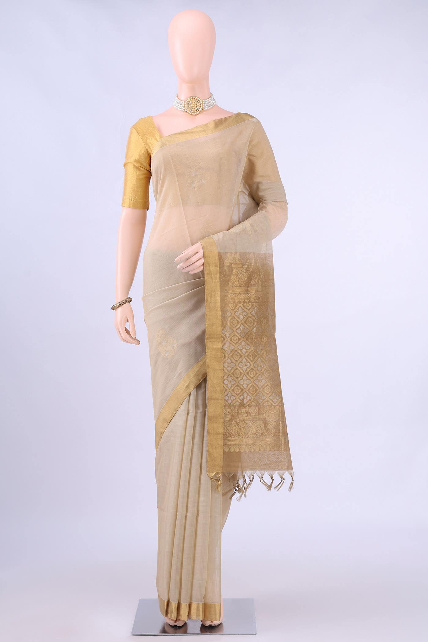Beige Kora Cotton Saree