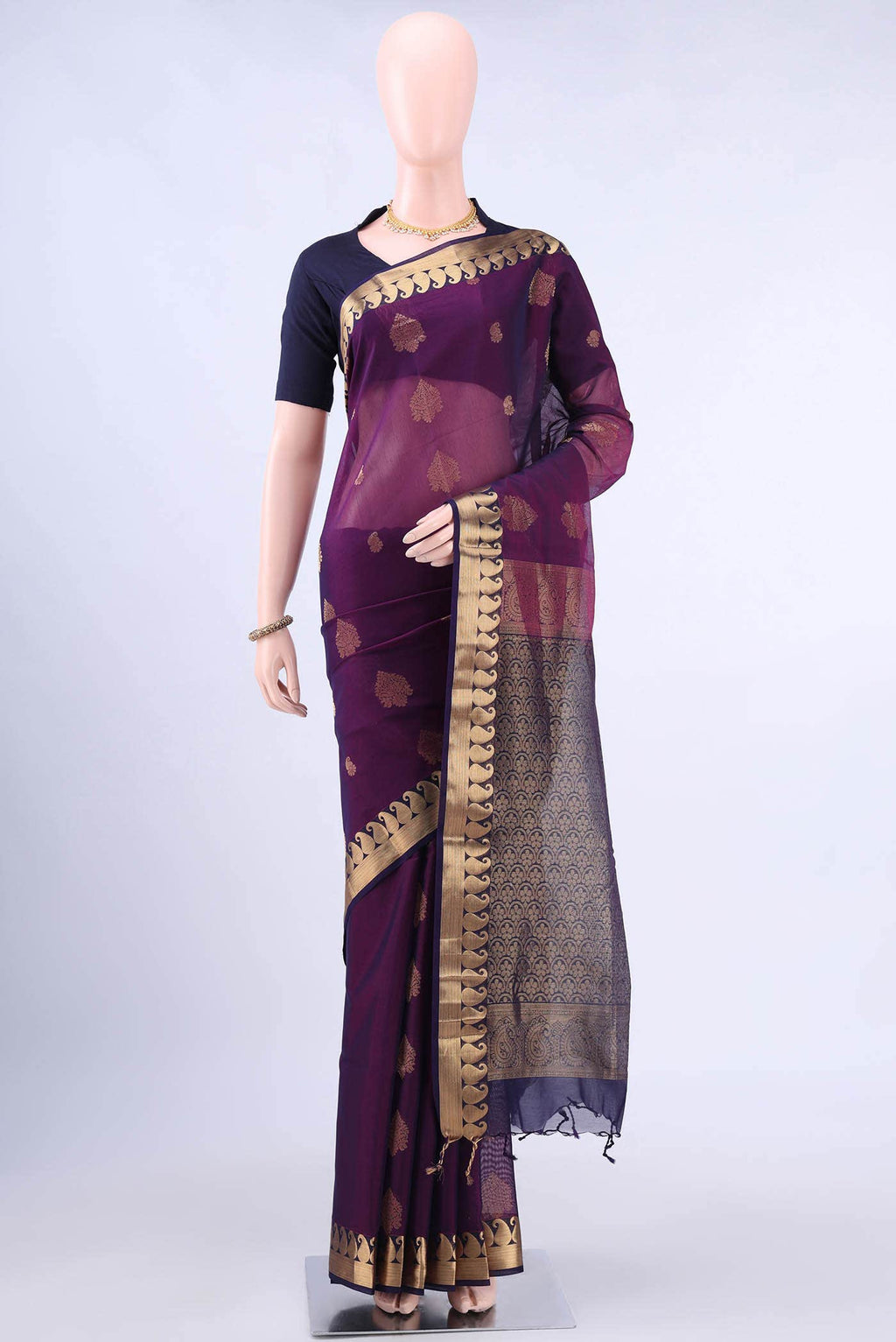 Burgundy Kora Cotton Saree
