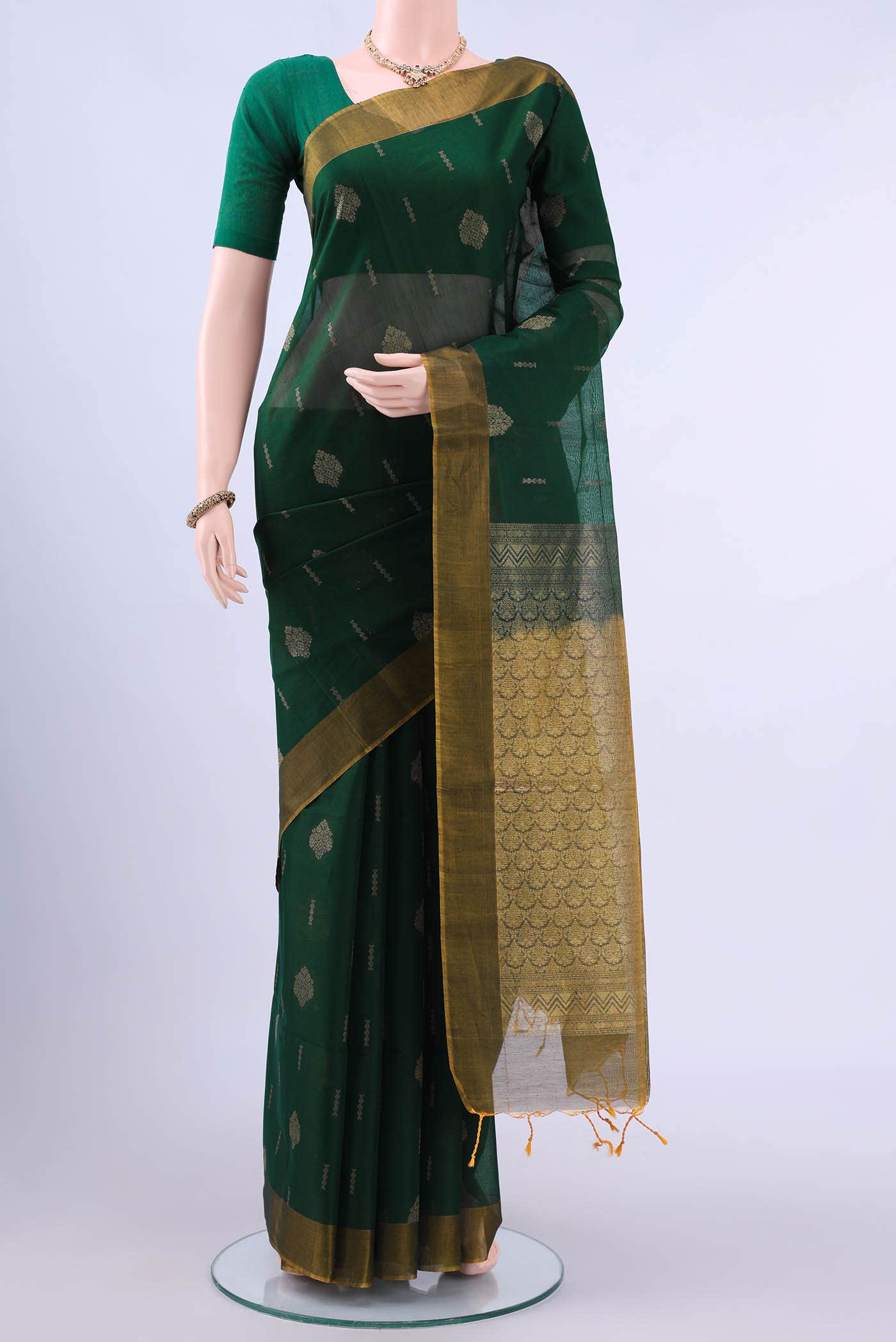 Bottle Green Kora Cotton Saree