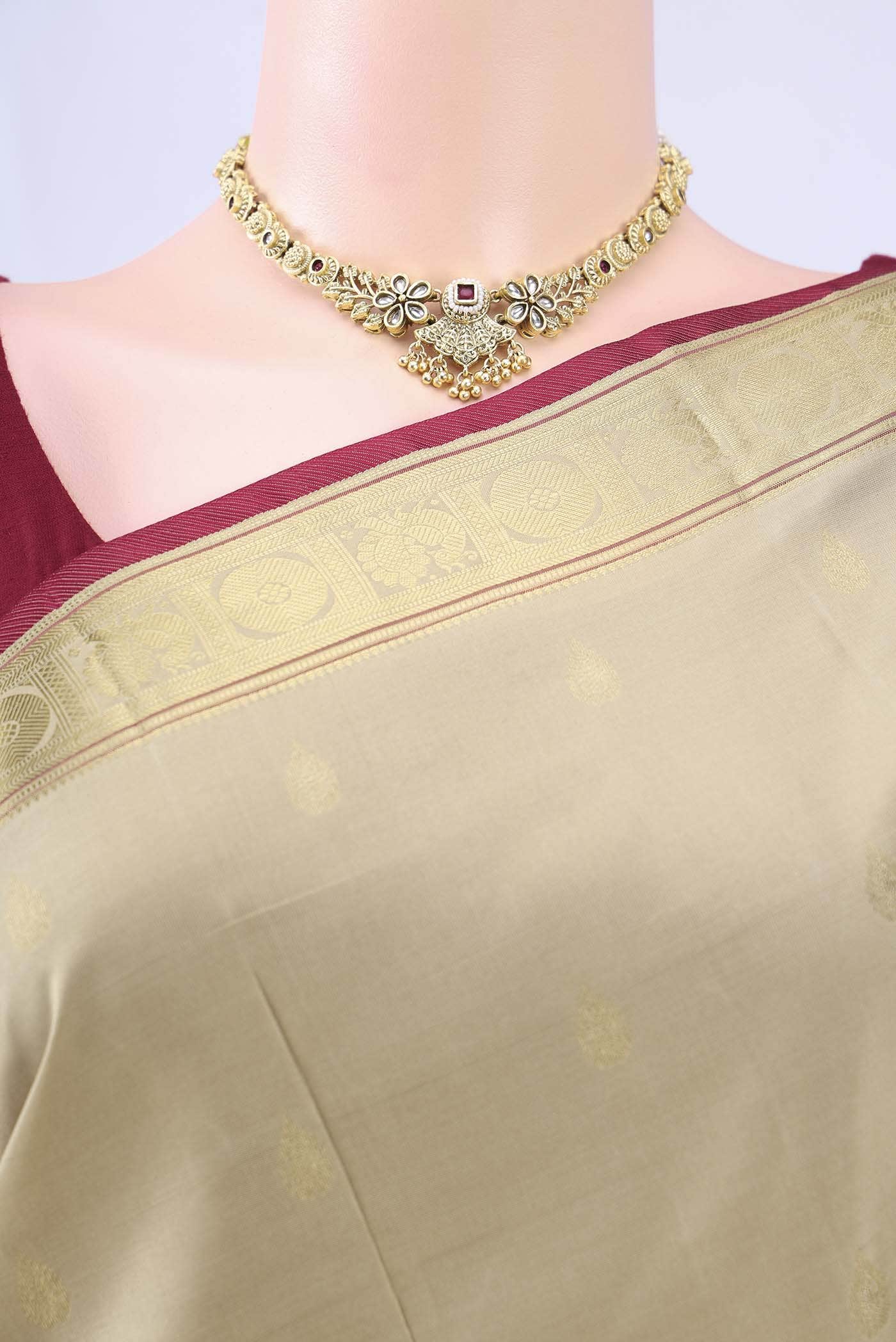Beige Nangavalli Silk [ Salem ] Saree
