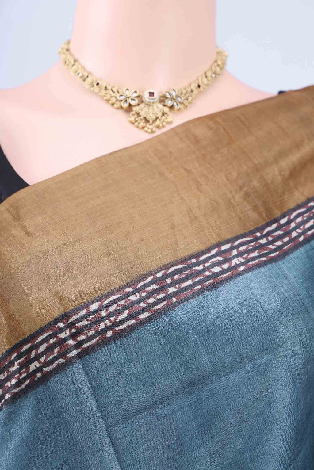 Blue Grey Tussar Silk Saree