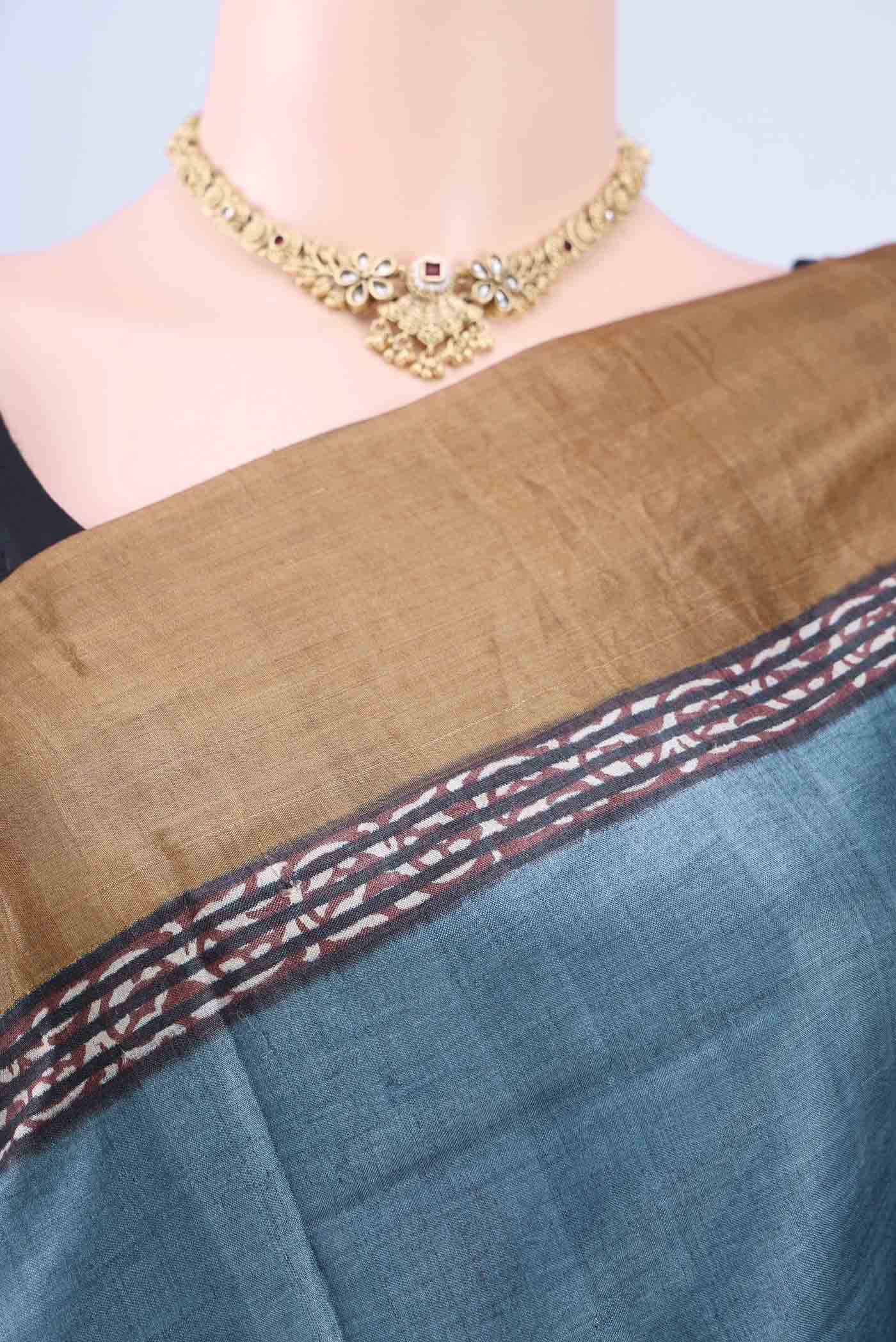 Blue Grey Tussar Silk Saree