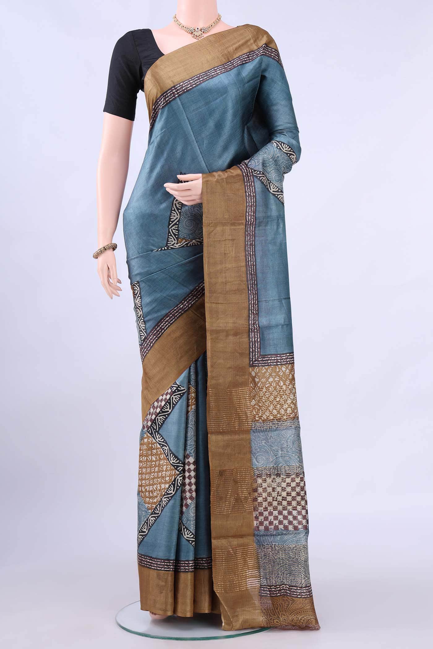 Blue Grey Tussar Silk Saree