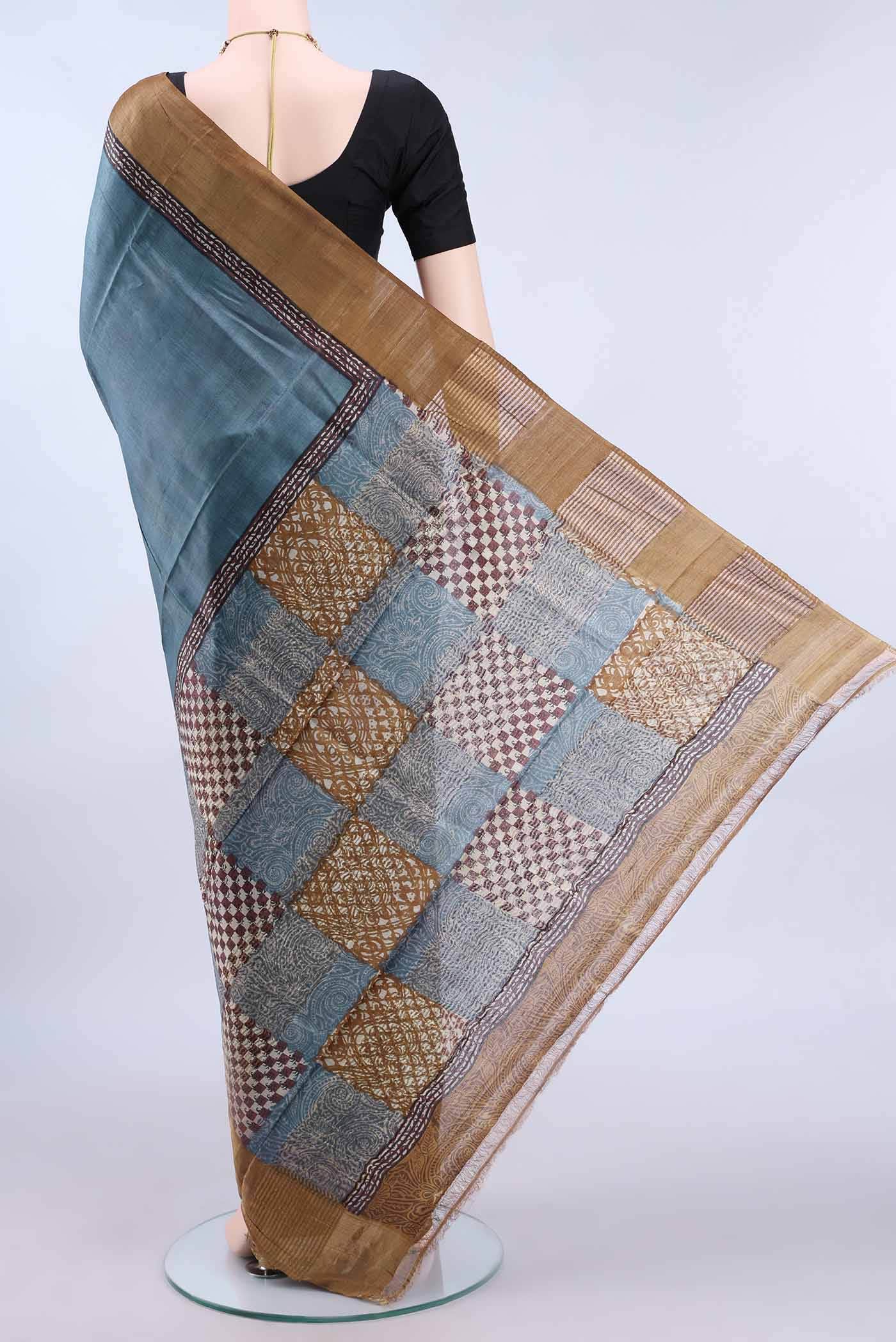 Blue Grey Tussar Silk Saree