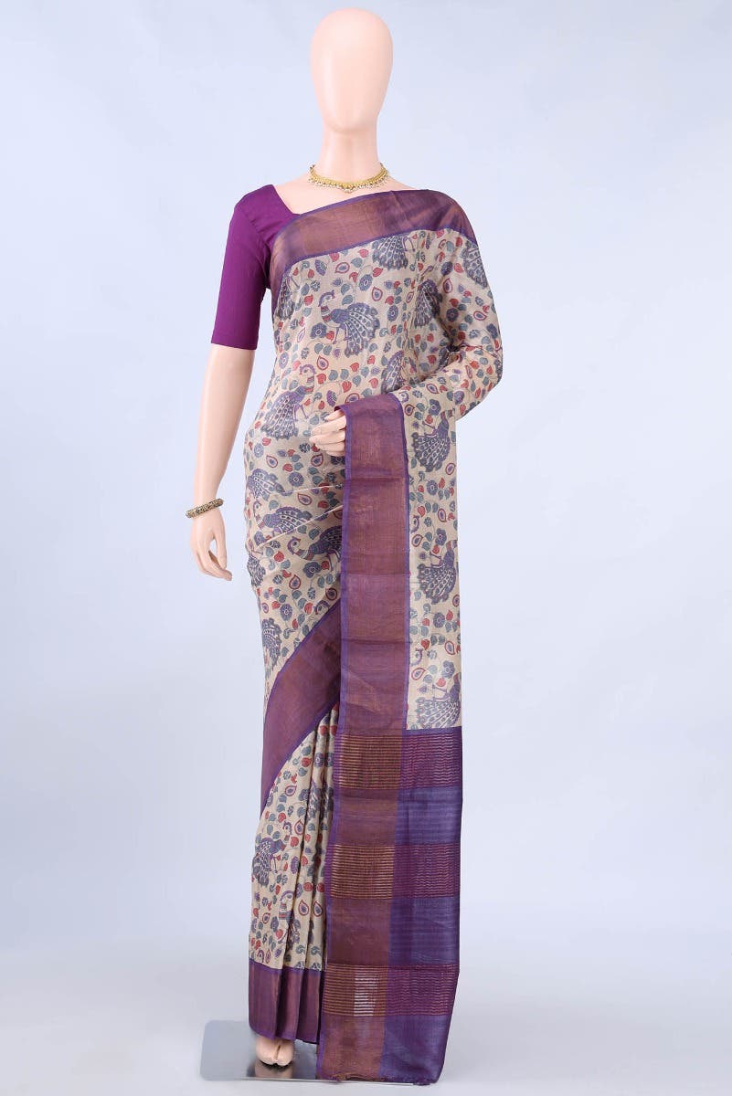 Beige Tussar Silk Saree