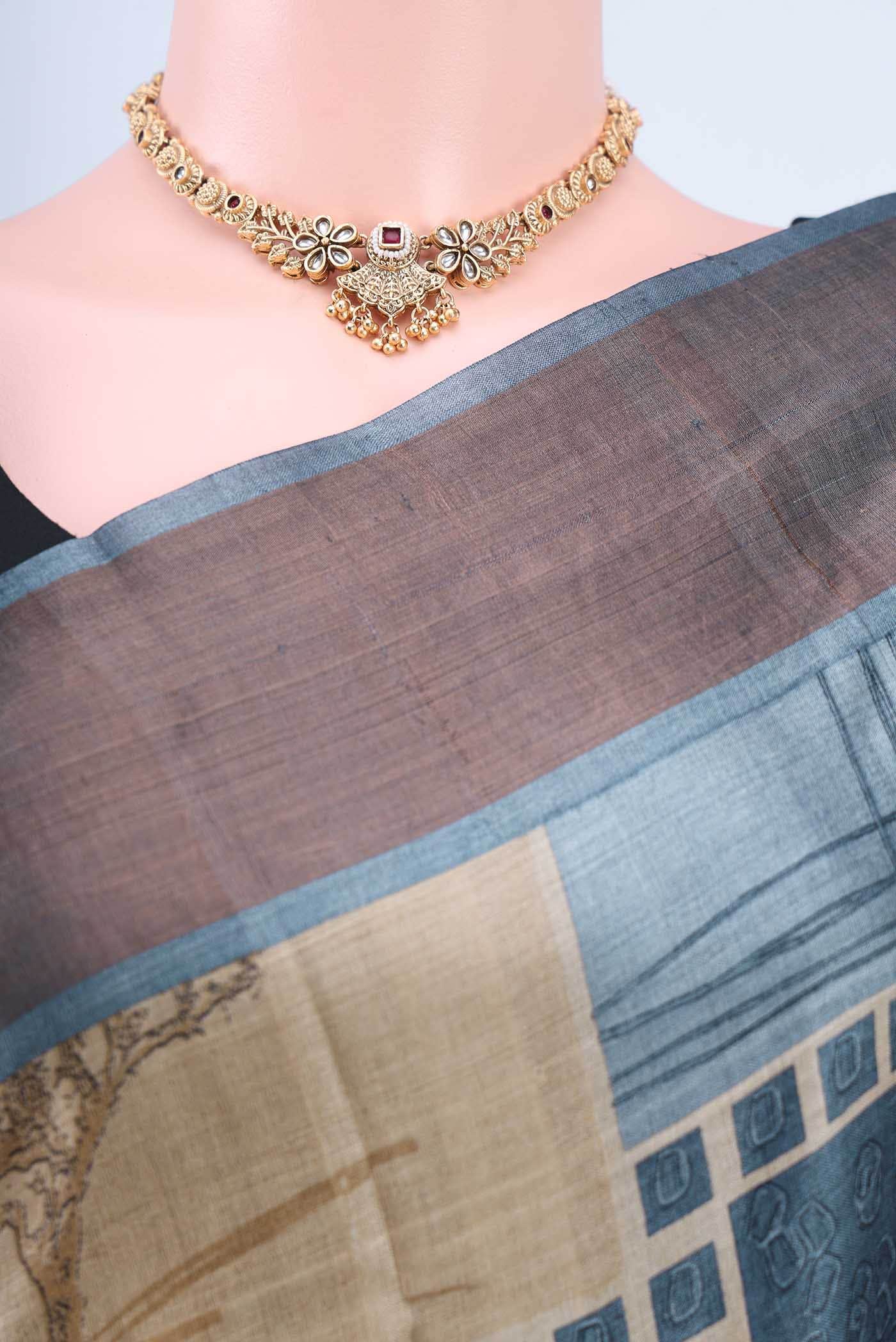 Blue Grey Tussar Silk Saree