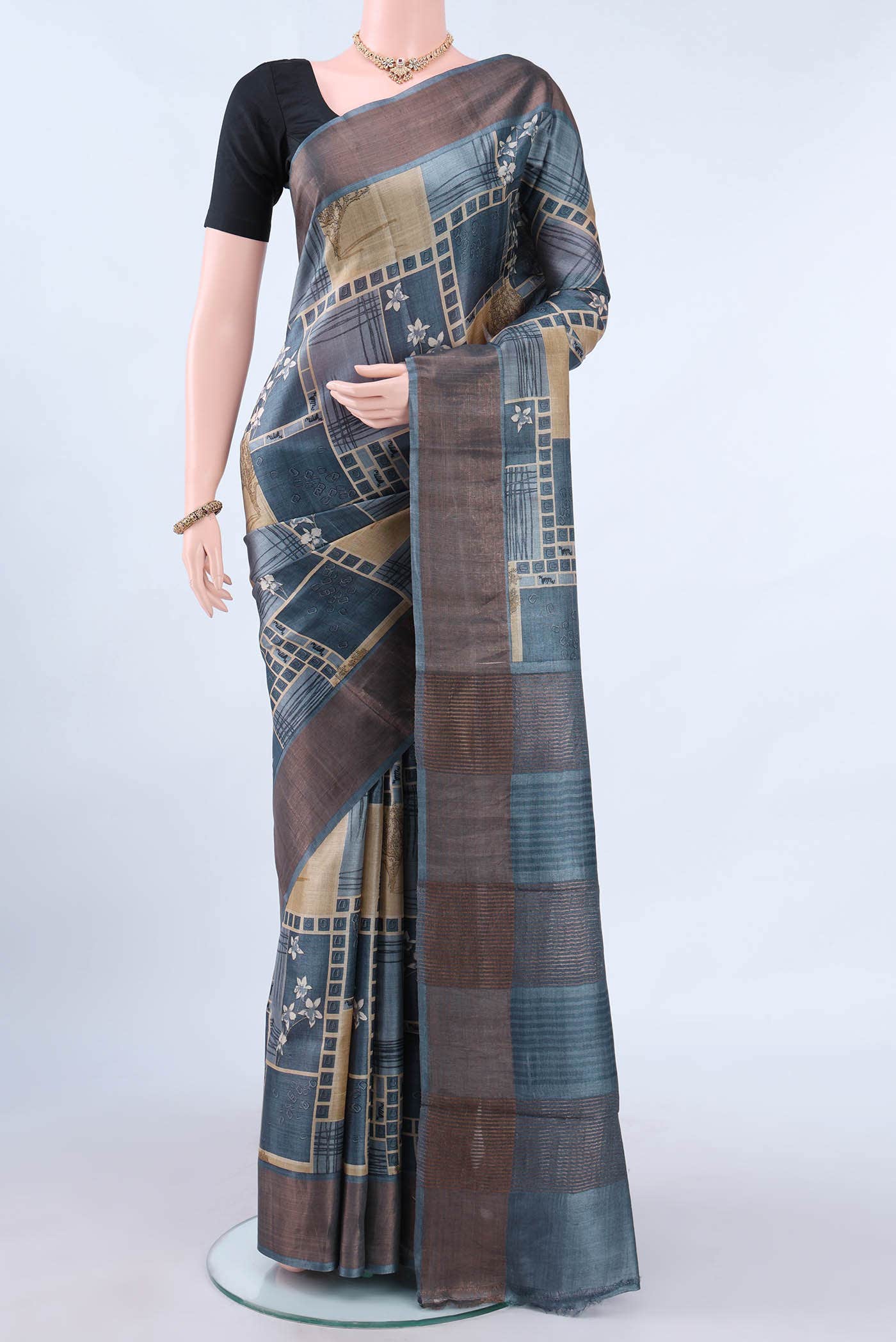 Blue Grey Tussar Silk Saree