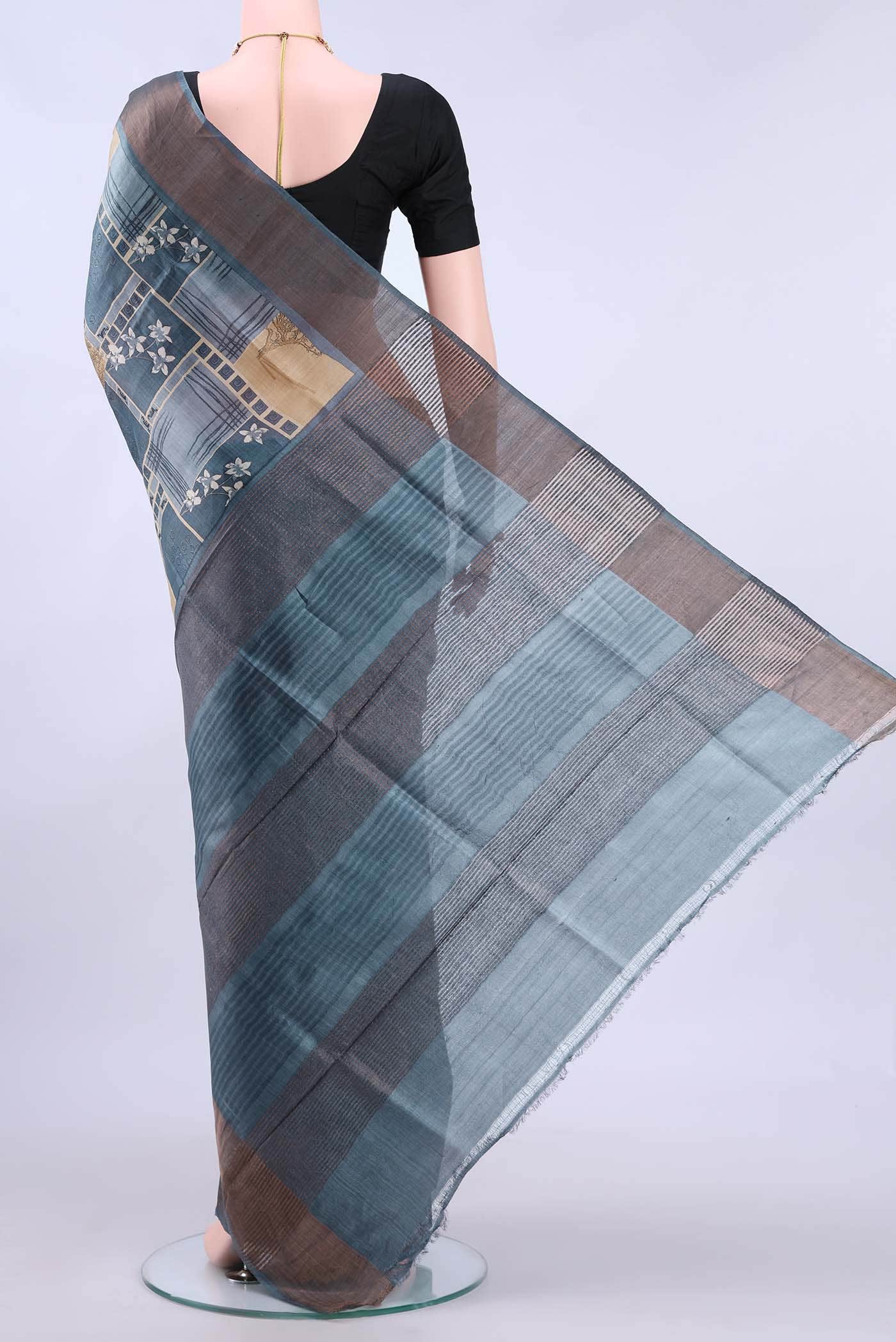 Blue Grey Tussar Silk Saree