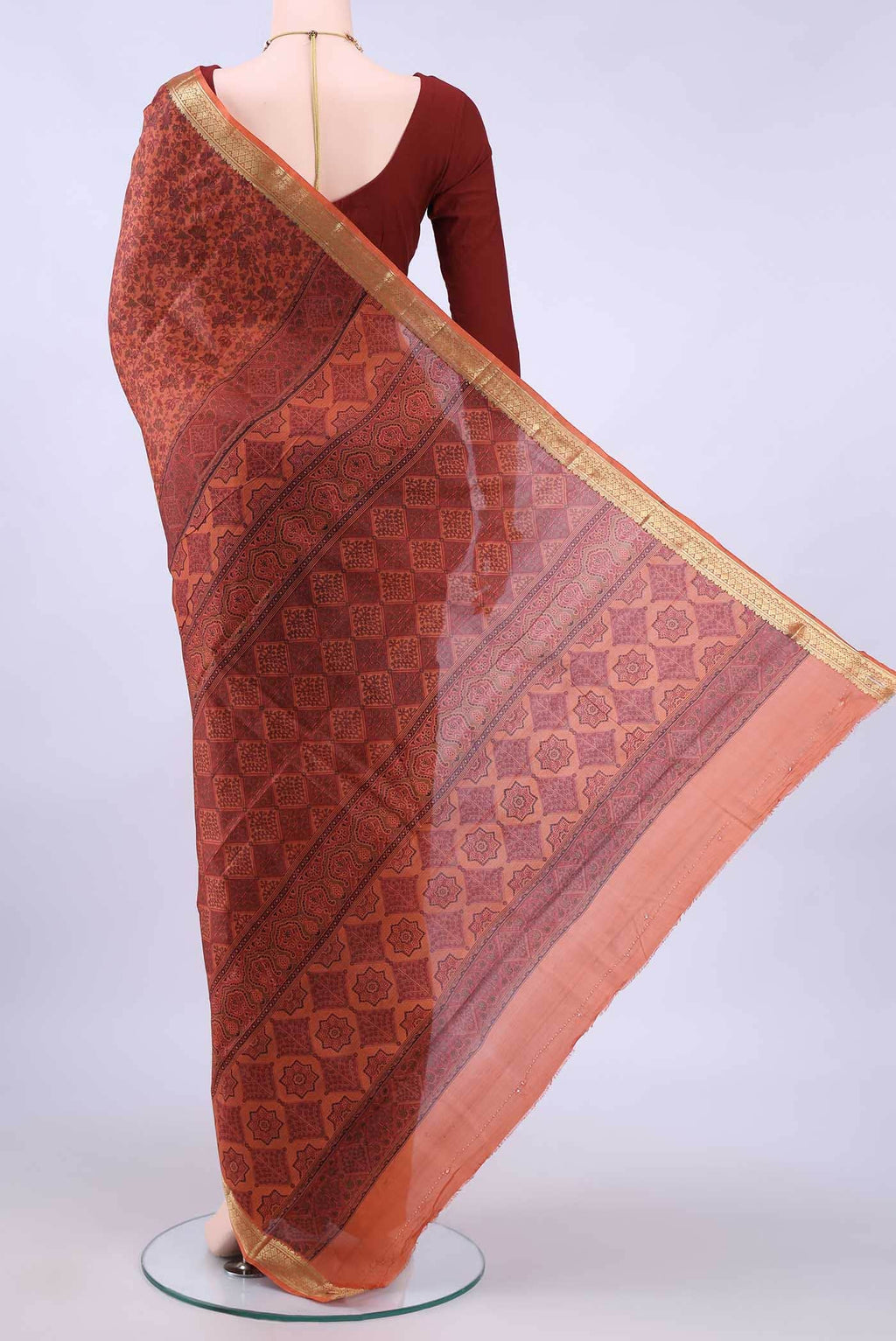Rust Printed Silk Saree
