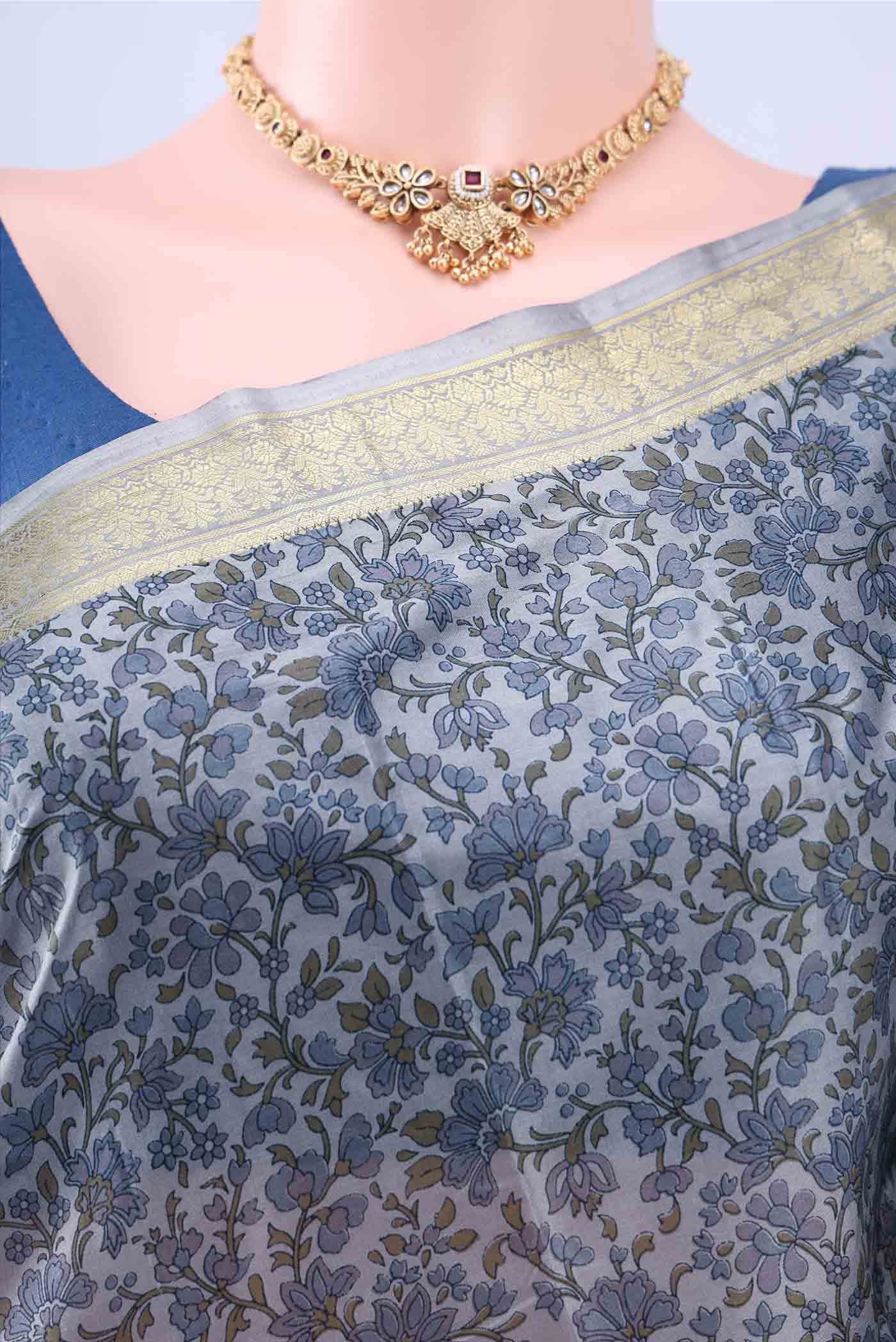 Grey Printed Silk Saree