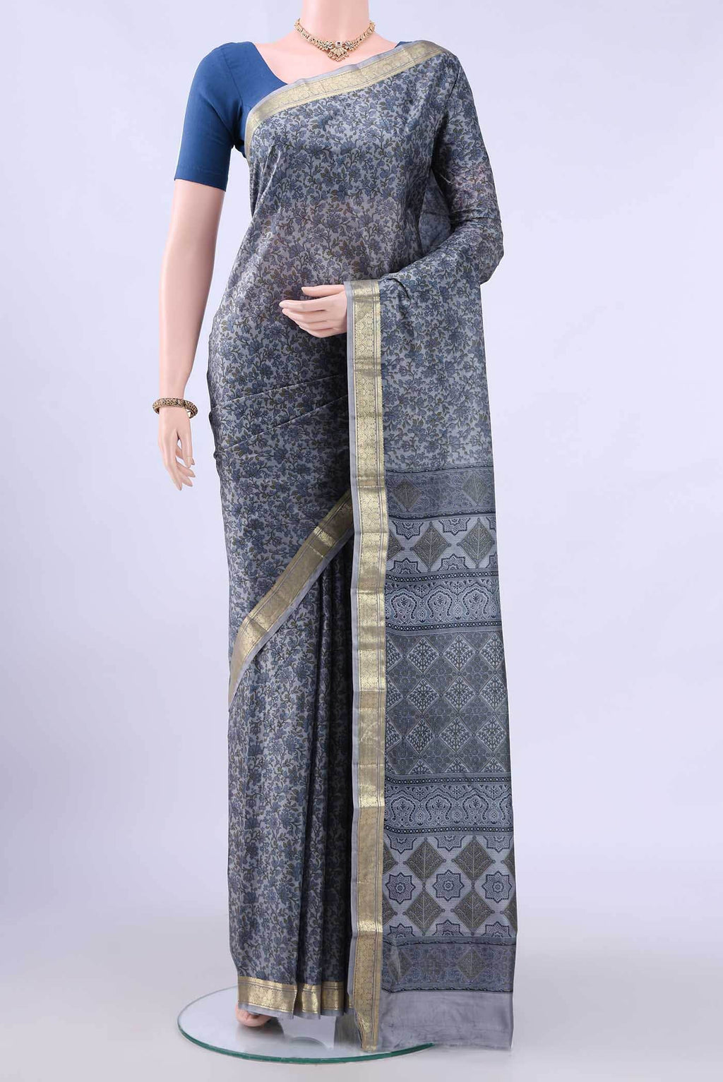 Grey Printed Silk Saree