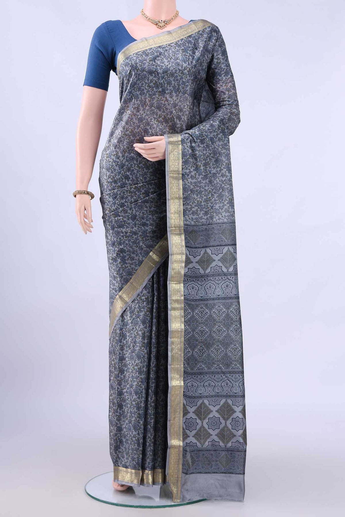 Grey Printed Silk Saree