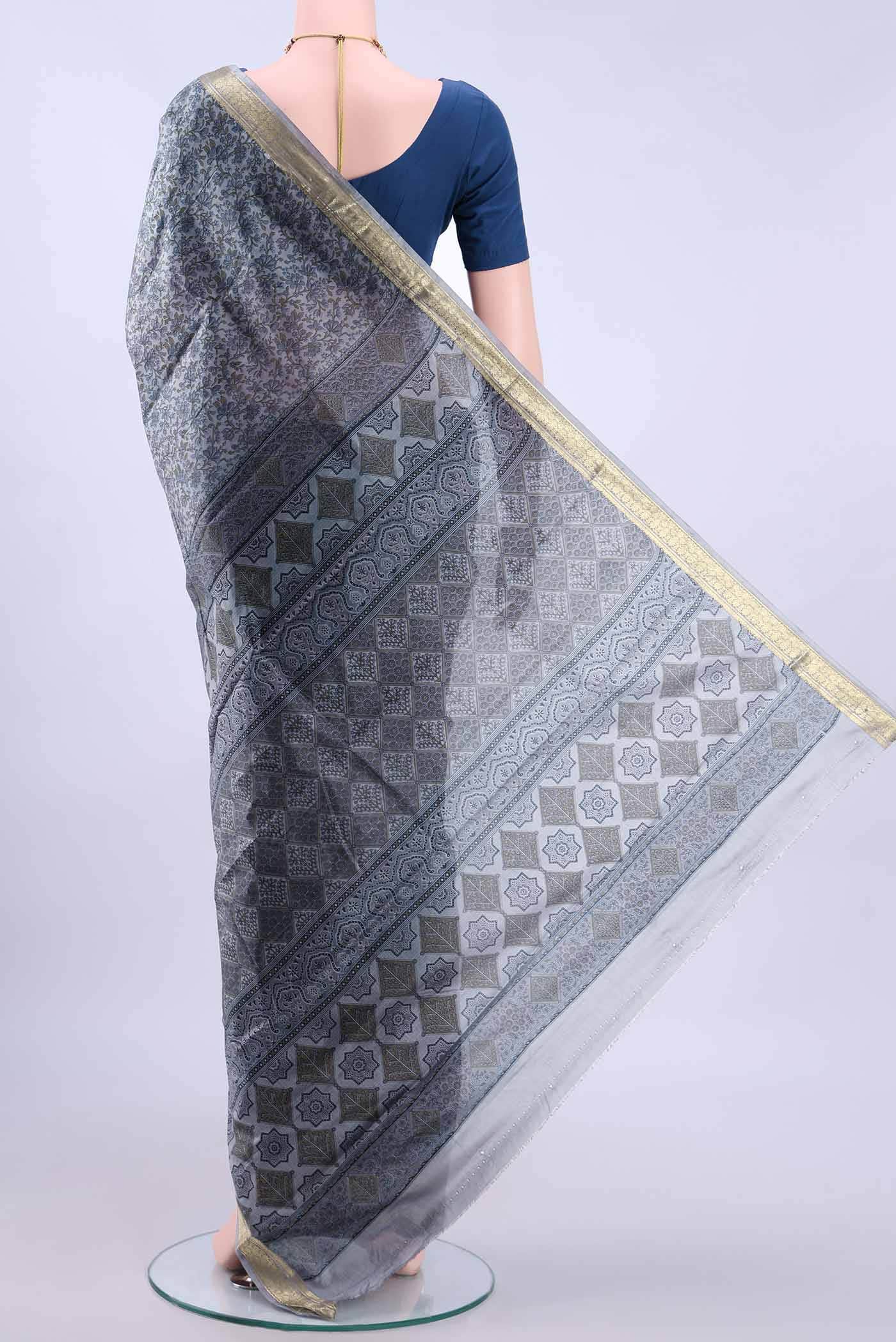 Grey Printed Silk Saree