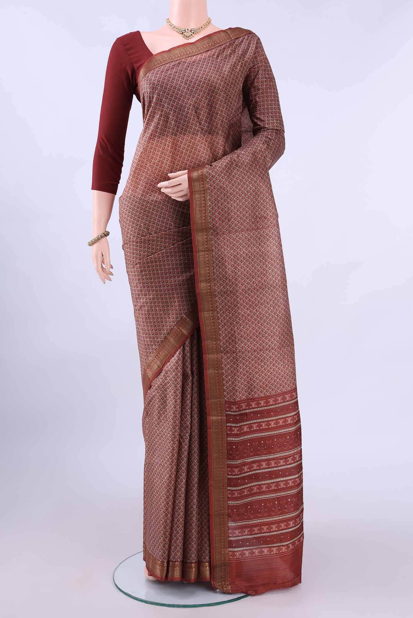 Beige Printed Silk Saree