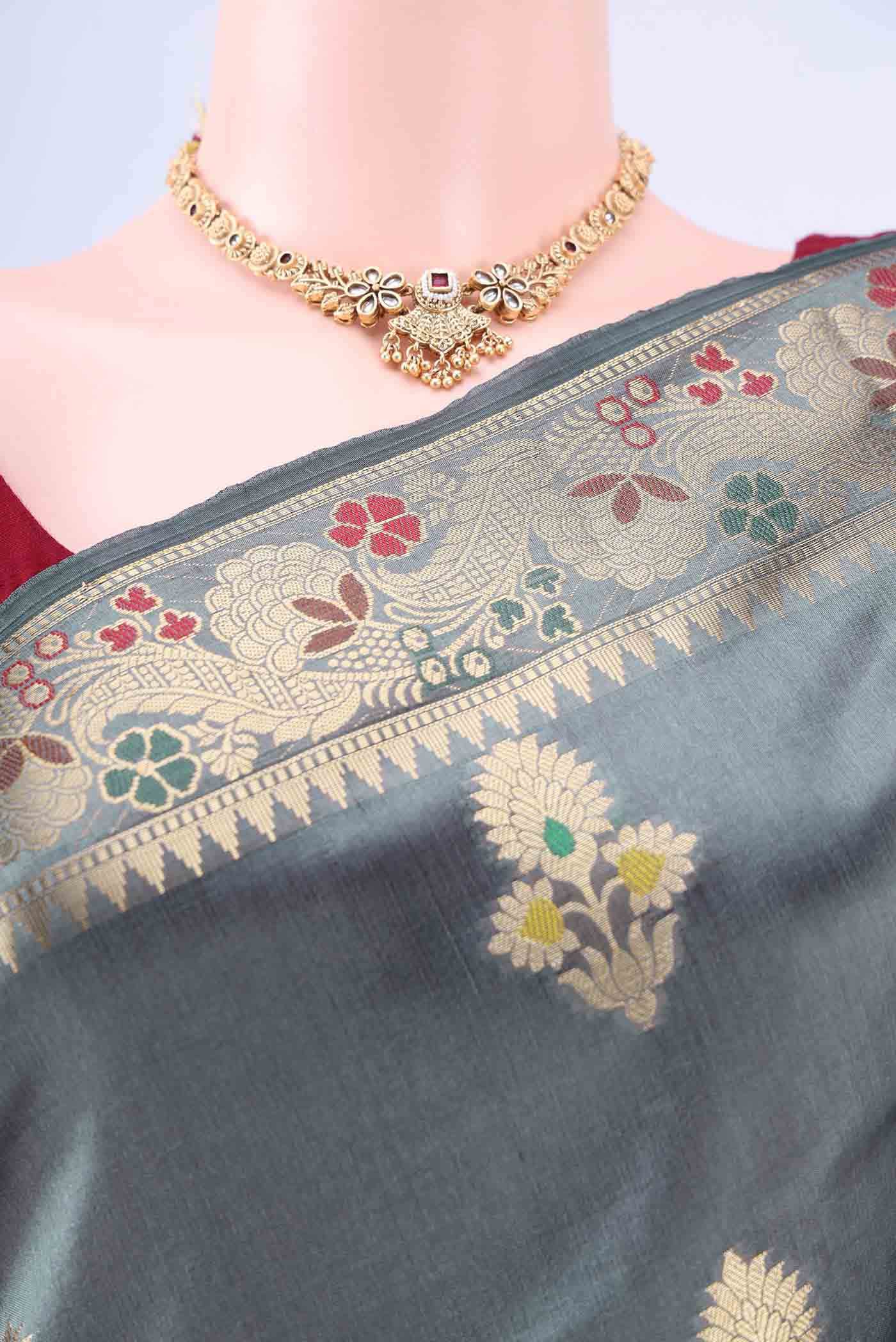 Davys Grey Banarasi Raw Silk Saree