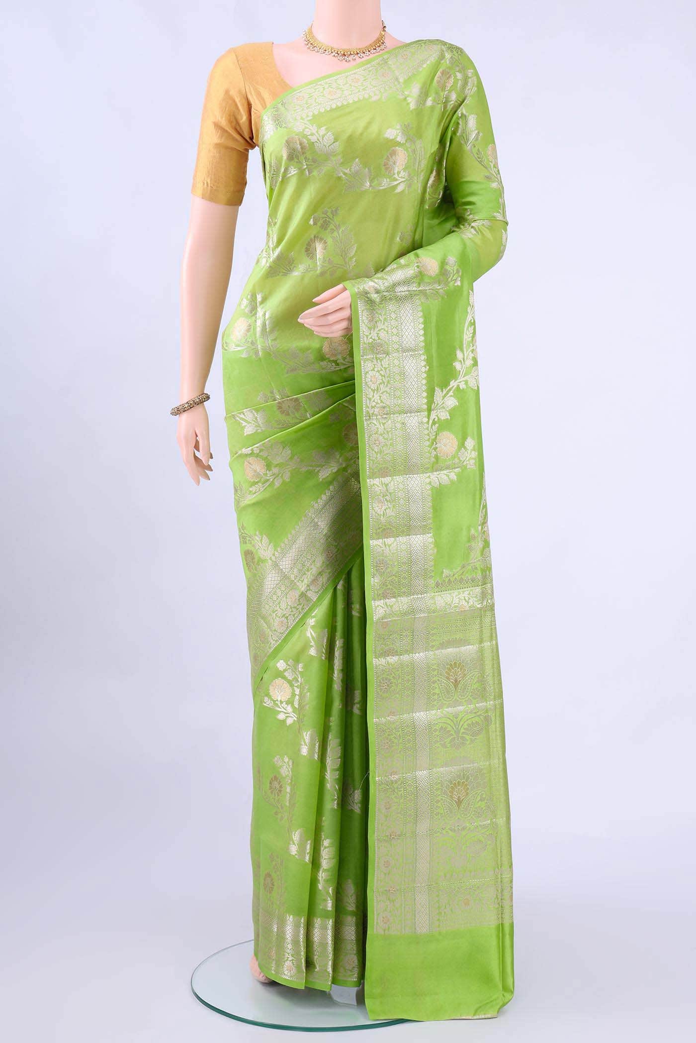 Parrot Green Banarasi Raw Silk Saree