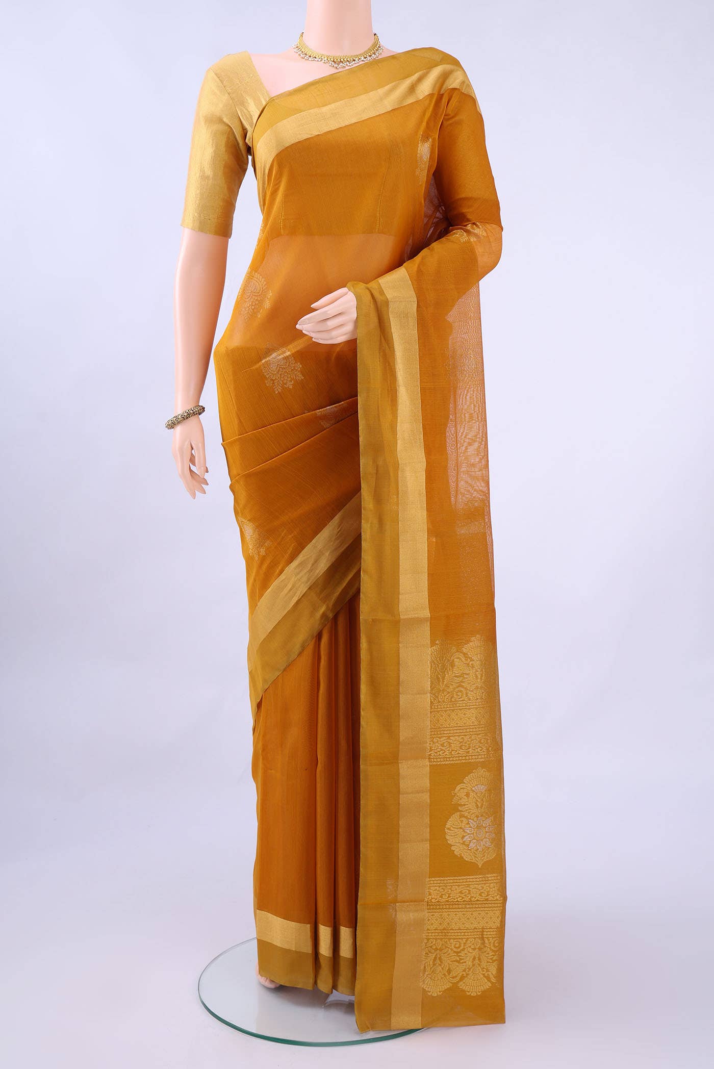 Mustard Kora Cotton Saree