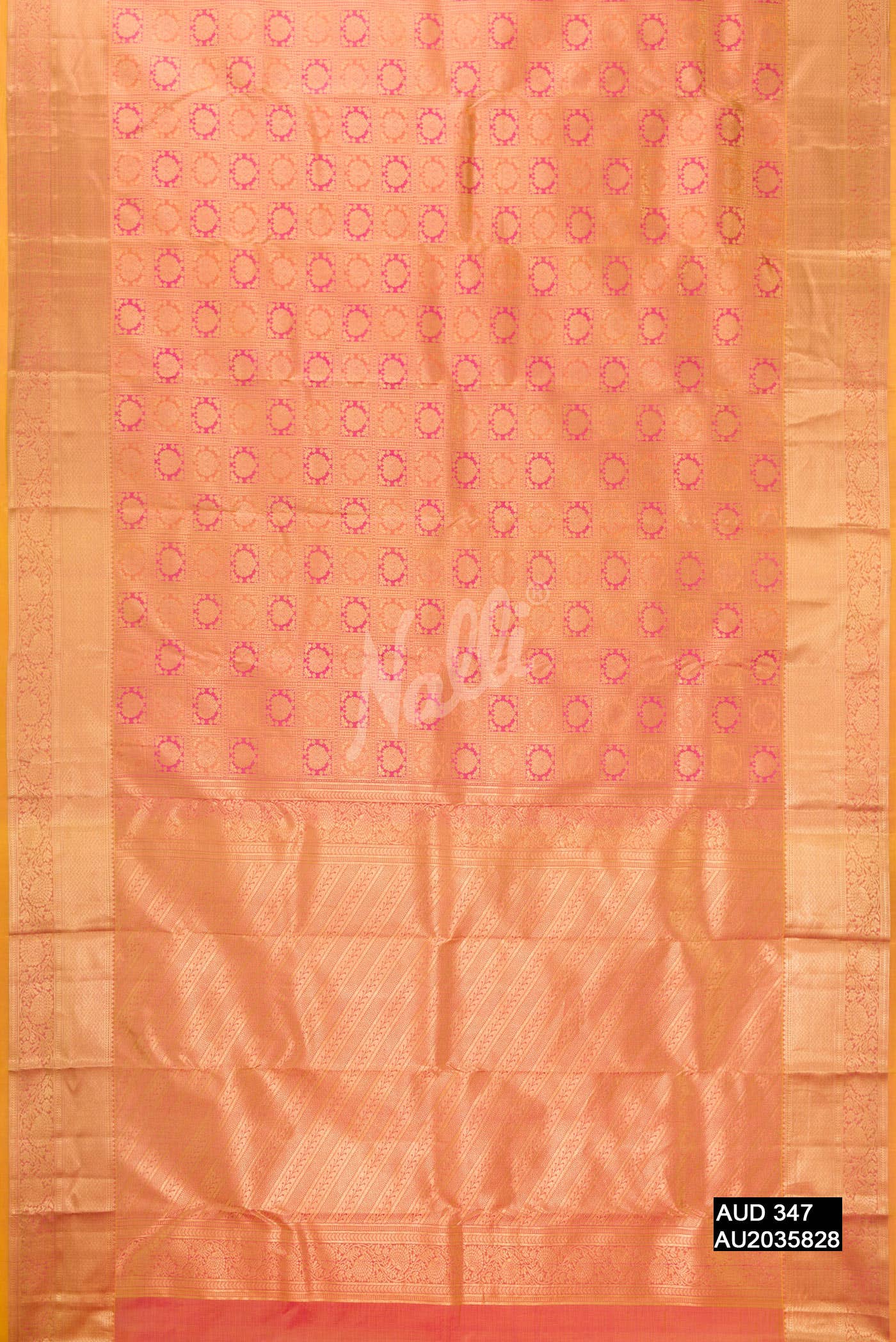 Pinkish Yellow Kanchipuram Silk Saree