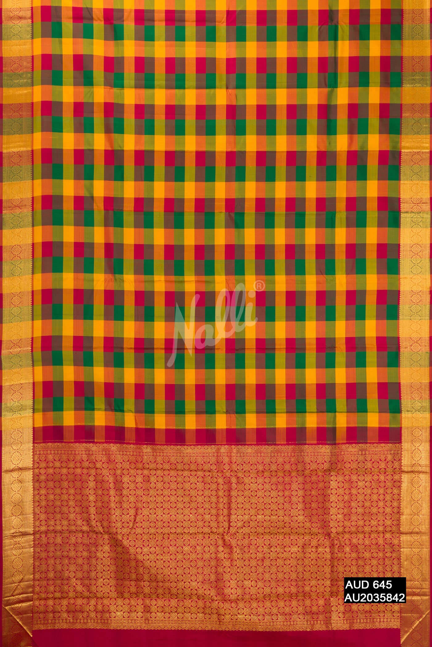 Yellow , Green and Maroon Kanchipuram Silk Saree