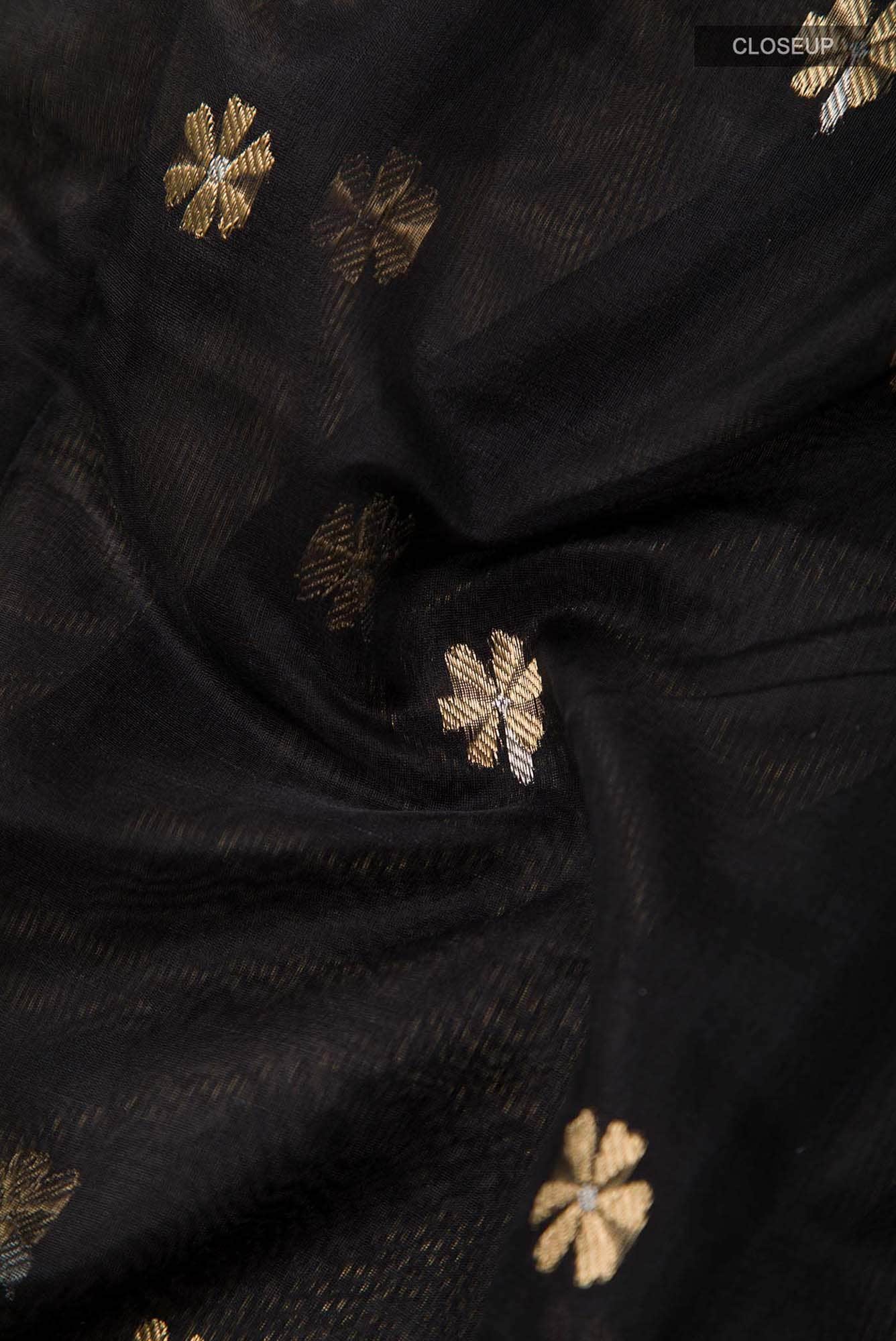 Black Chanderi Silk Cotton Saree With Zari Border