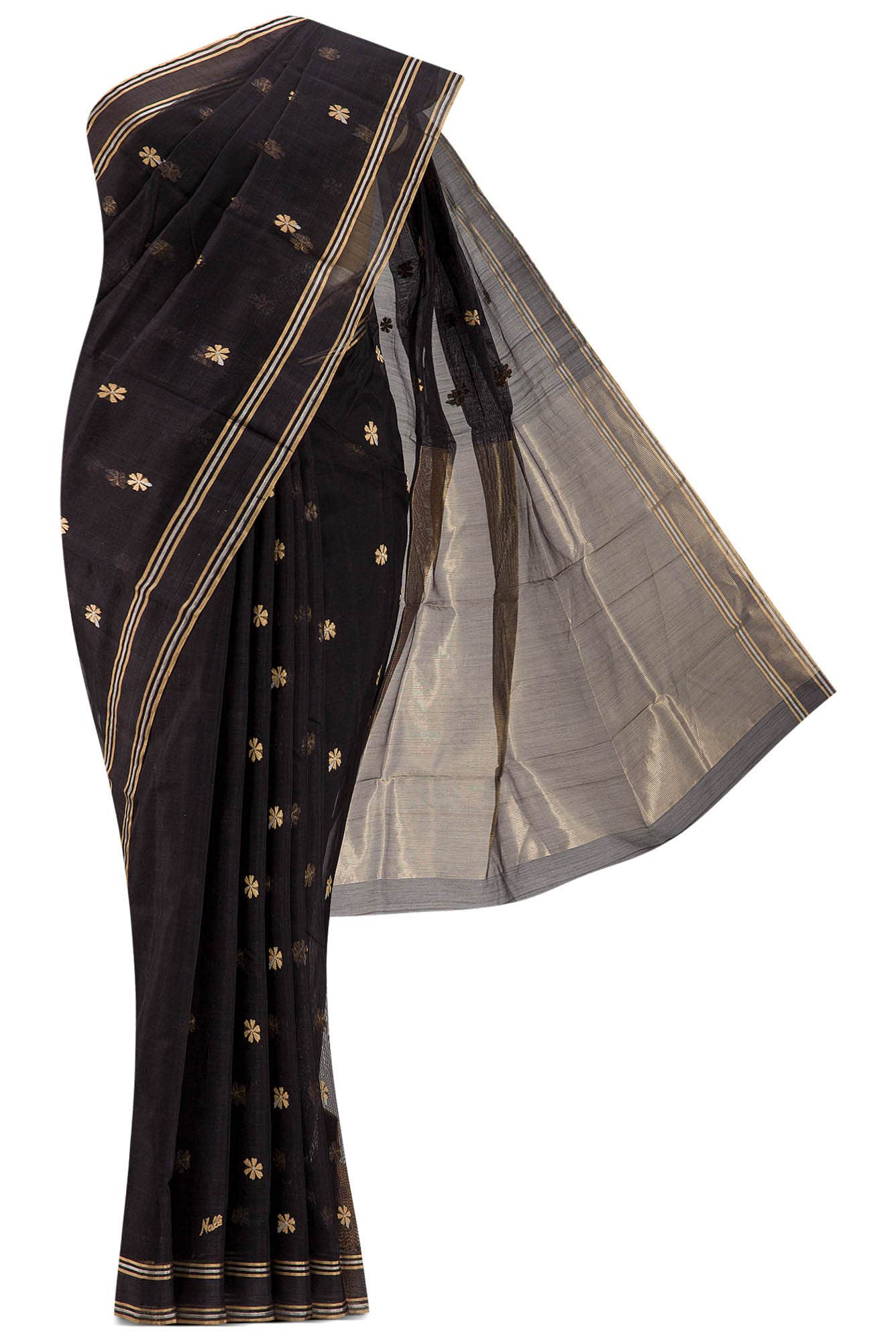 Black Chanderi Silk Cotton Saree With Zari Border
